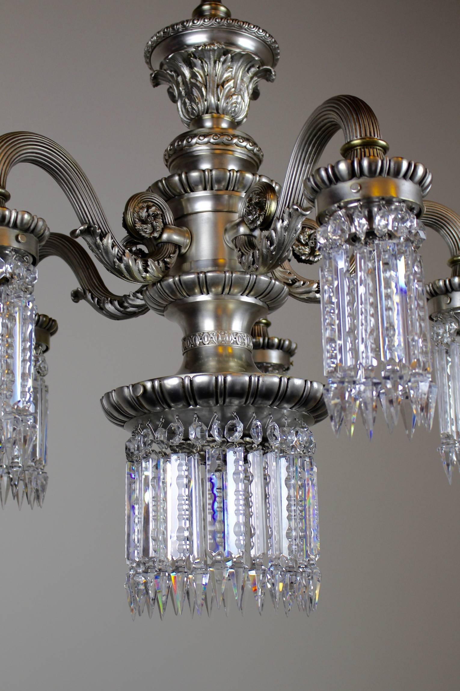 Brass Neoclassical Silver Plate Crystal Chandelier For Sale