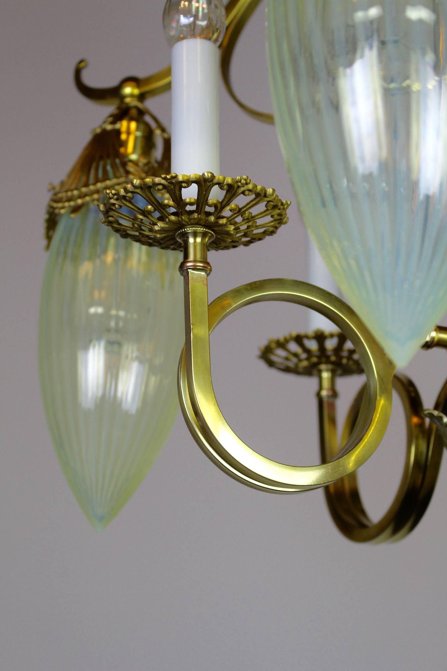 American Victorian Gas Electric Chandelier with Striped Opalescent Art Glass Shades For Sale
