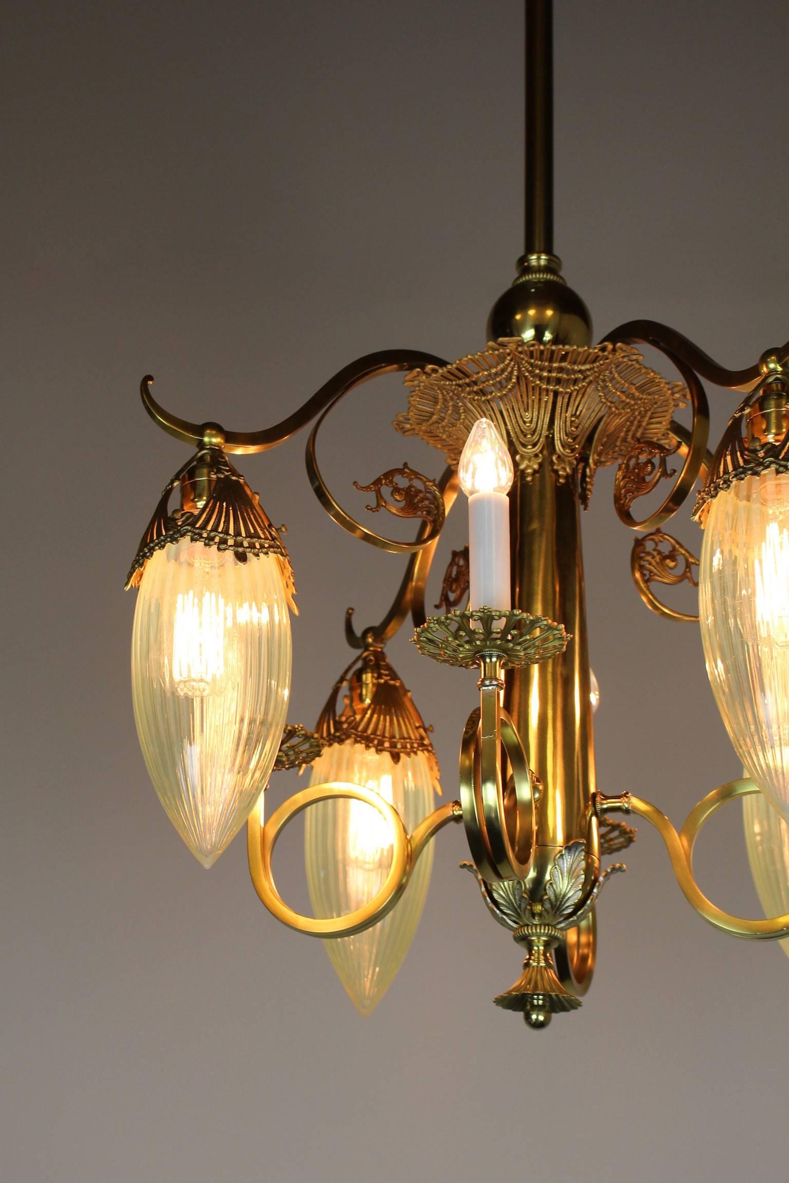 Victorian Gas Electric Chandelier with Striped Opalescent Art Glass Shades For Sale 2