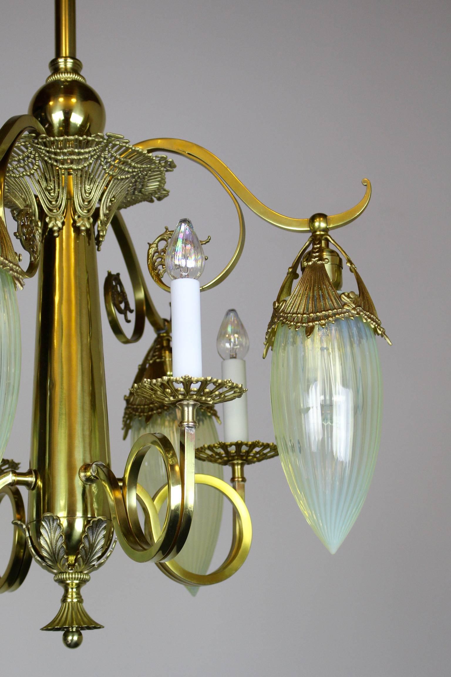 Victorian Gas Electric Chandelier with Striped Opalescent Art Glass Shades In Excellent Condition For Sale In Vancouver, BC