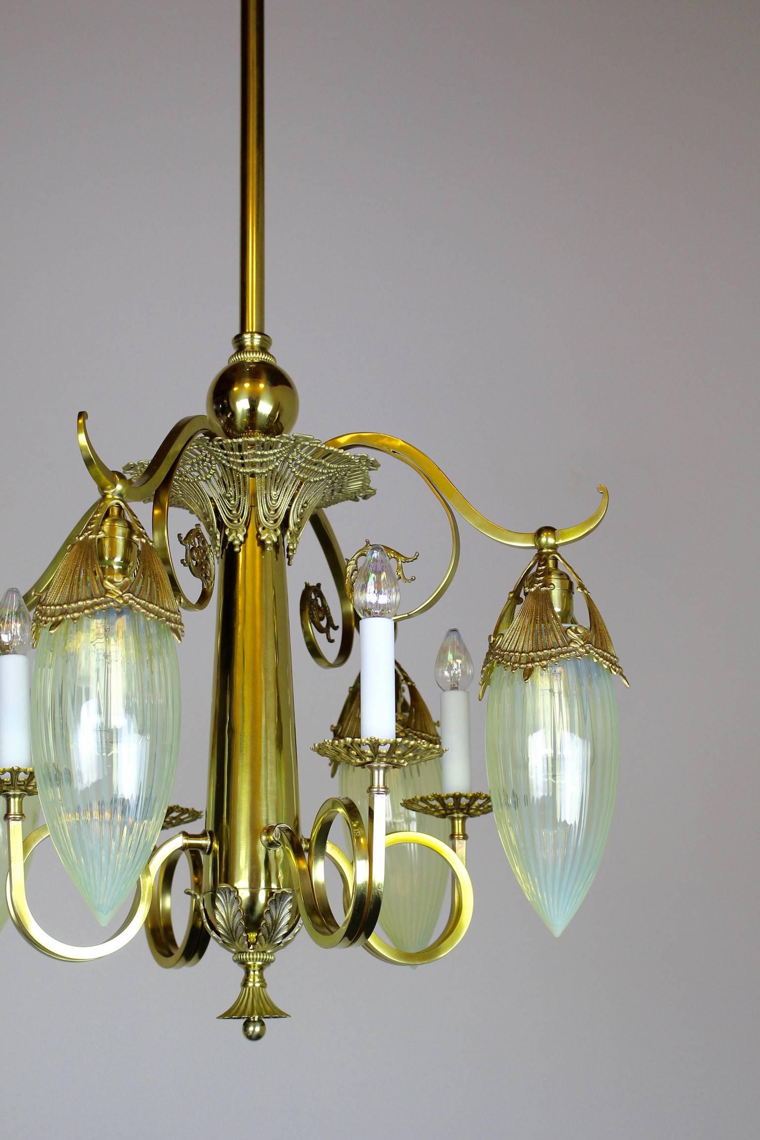 Early 20th Century Victorian Gas Electric Chandelier with Striped Opalescent Art Glass Shades For Sale
