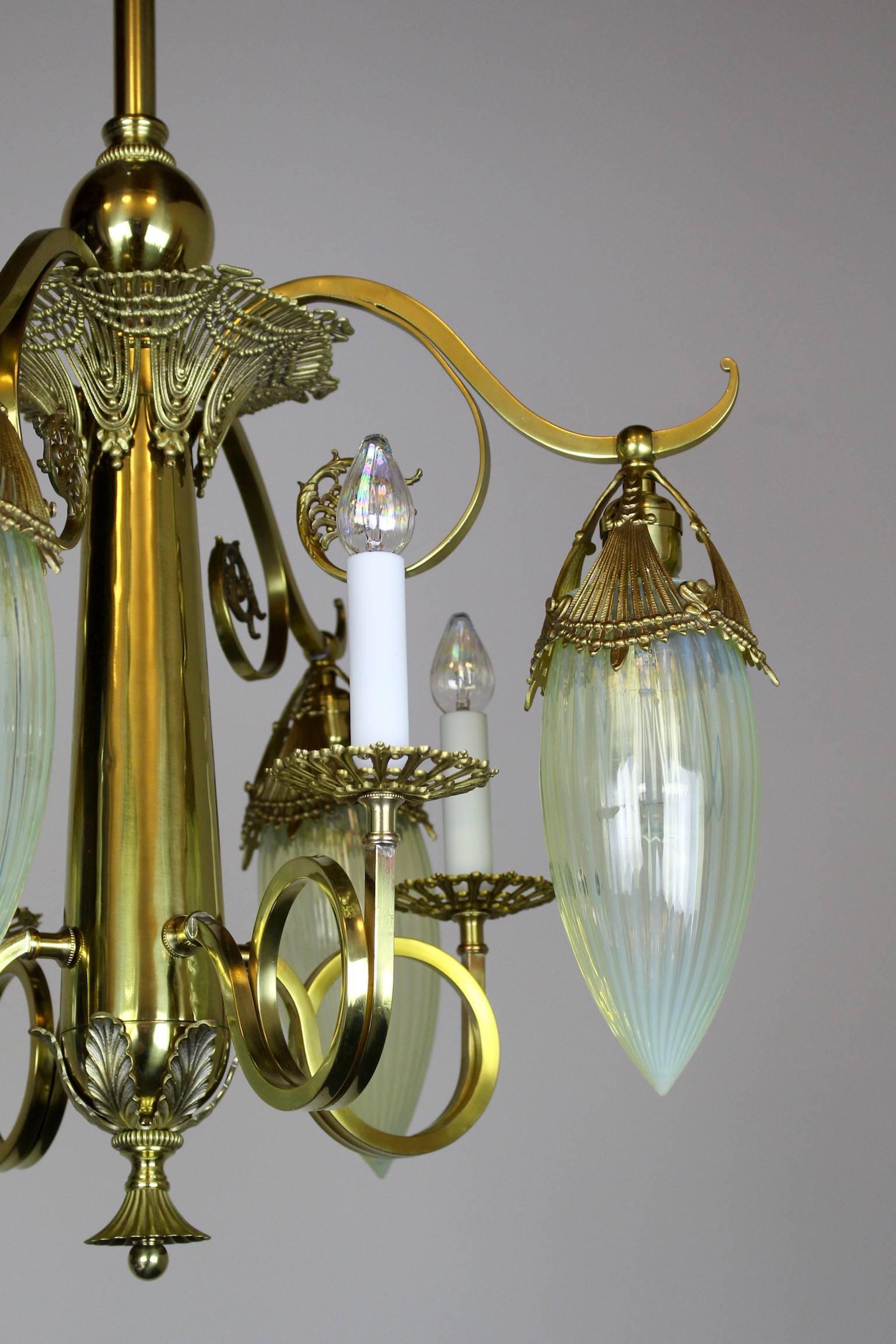 Victorian Gas Electric Chandelier with Striped Opalescent Art Glass Shades For Sale 1