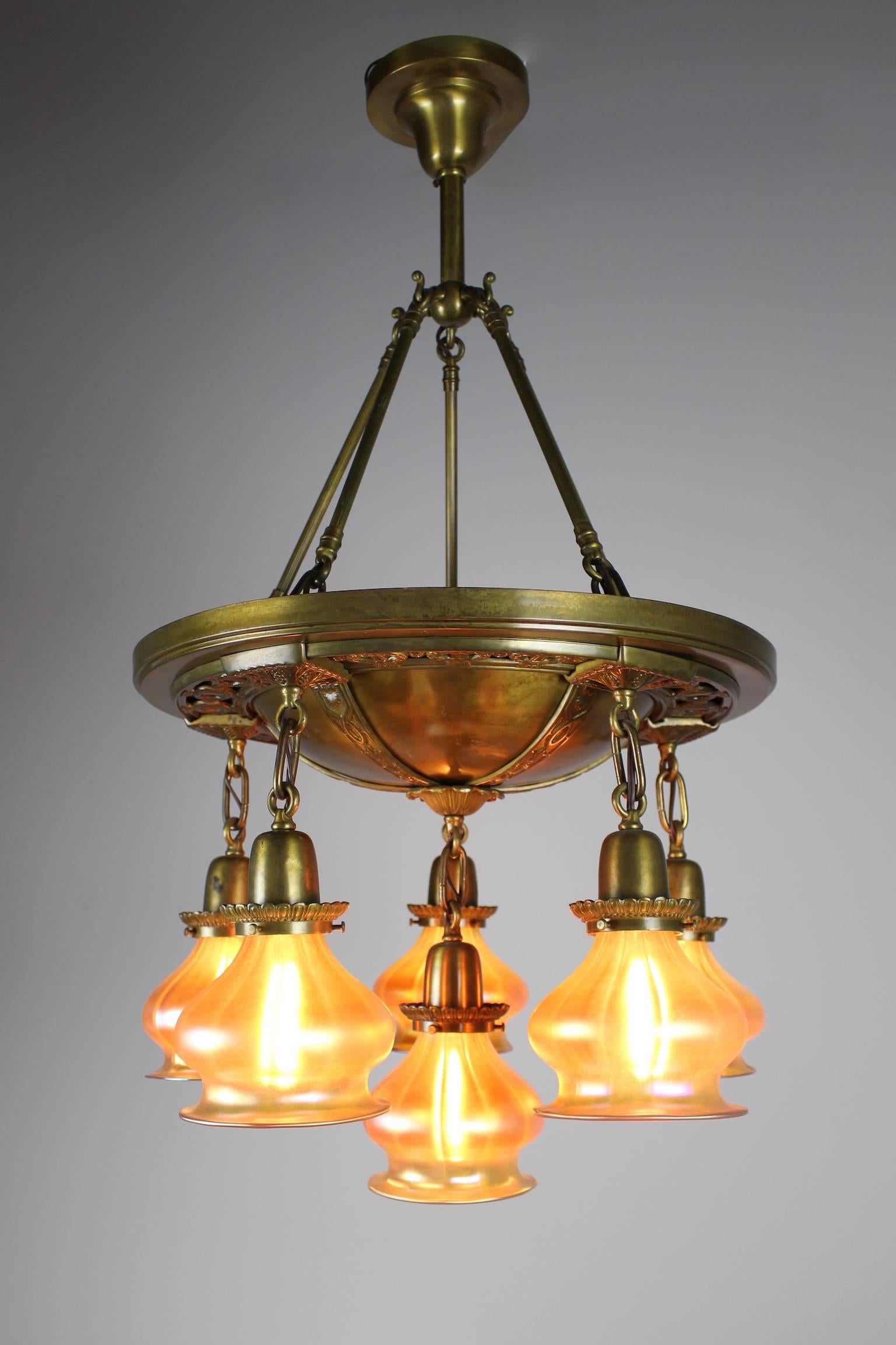 American Decorated Pan Fixture with Art Glass Shades For Sale