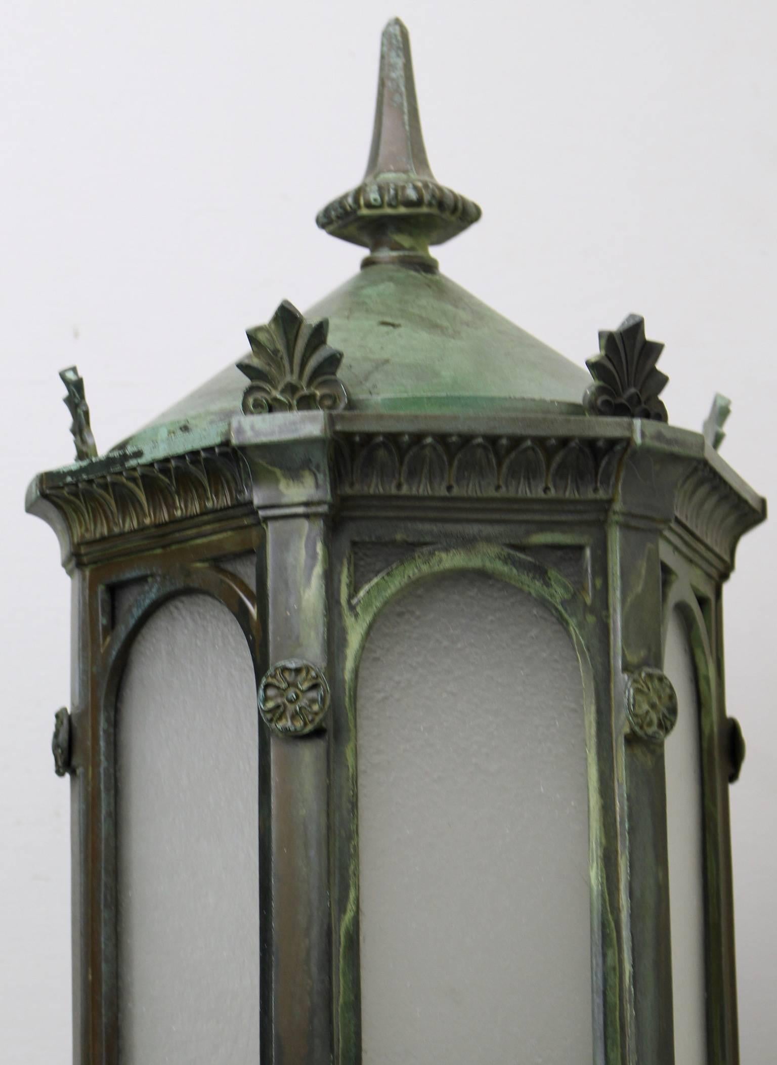 Pair of Bronze Neoclassical Commercial Sconces with Verdigris Finish In Excellent Condition In Vancouver, BC