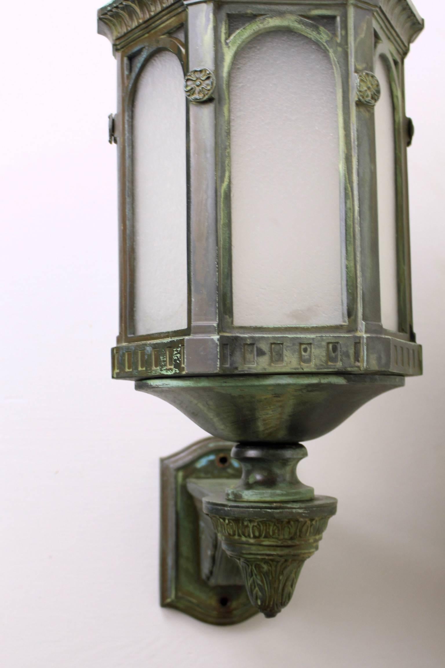 Early 20th Century Pair of Bronze Neoclassical Commercial Sconces with Verdigris Finish