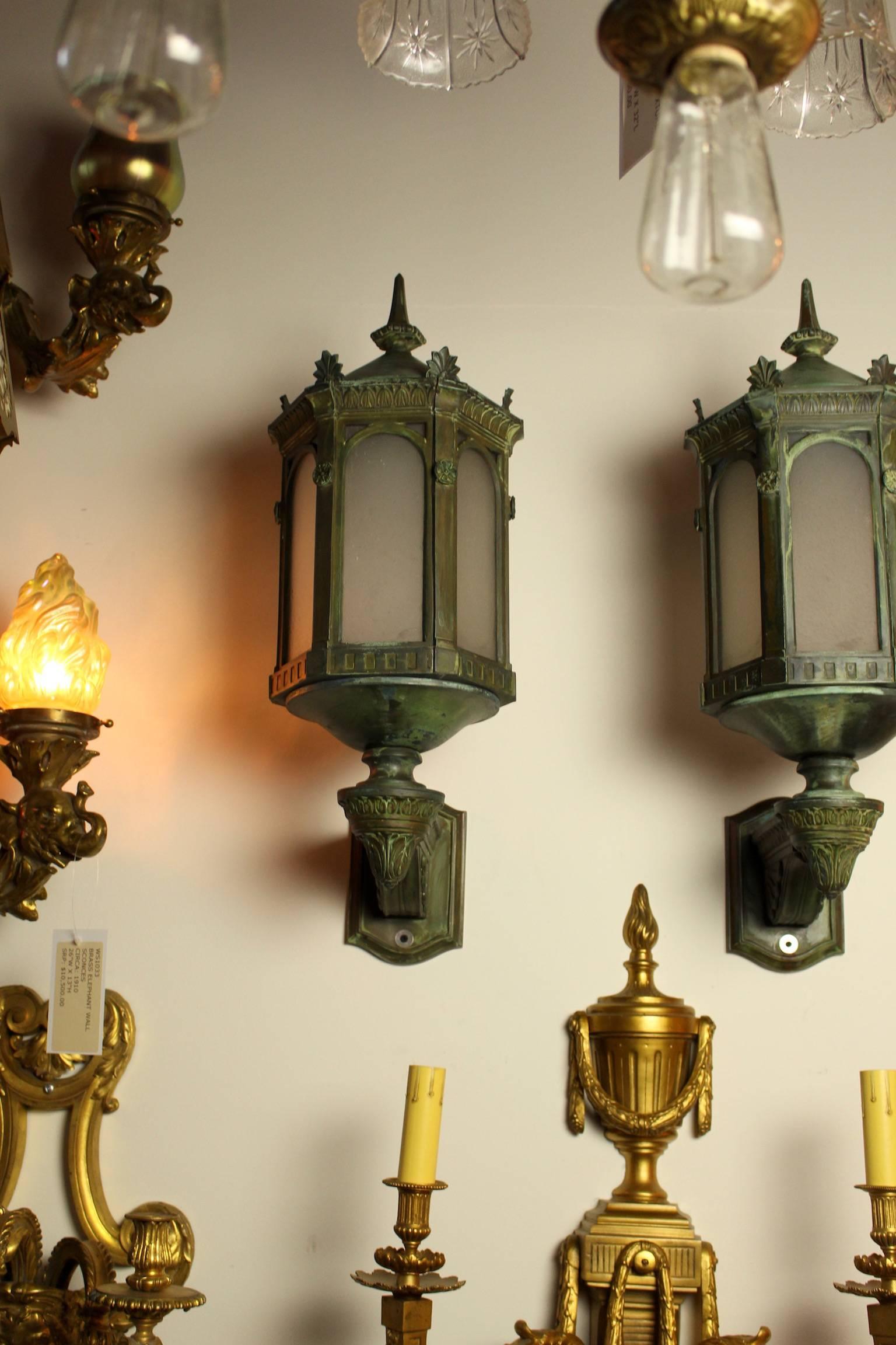 Pair of Bronze Neoclassical Commercial Sconces with Verdigris Finish 3