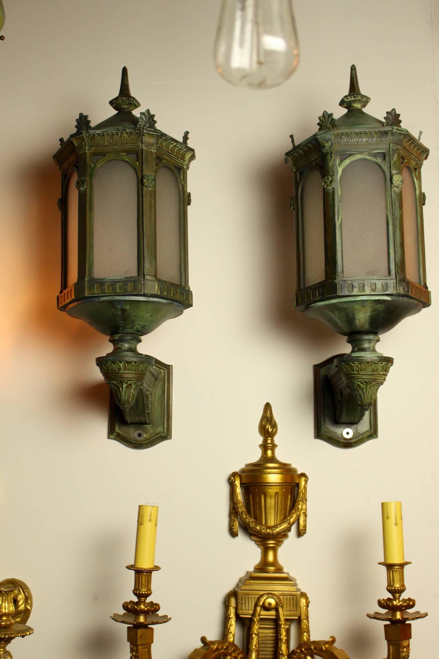 Pair of Bronze Neoclassical Commercial Sconces with Verdigris Finish 4