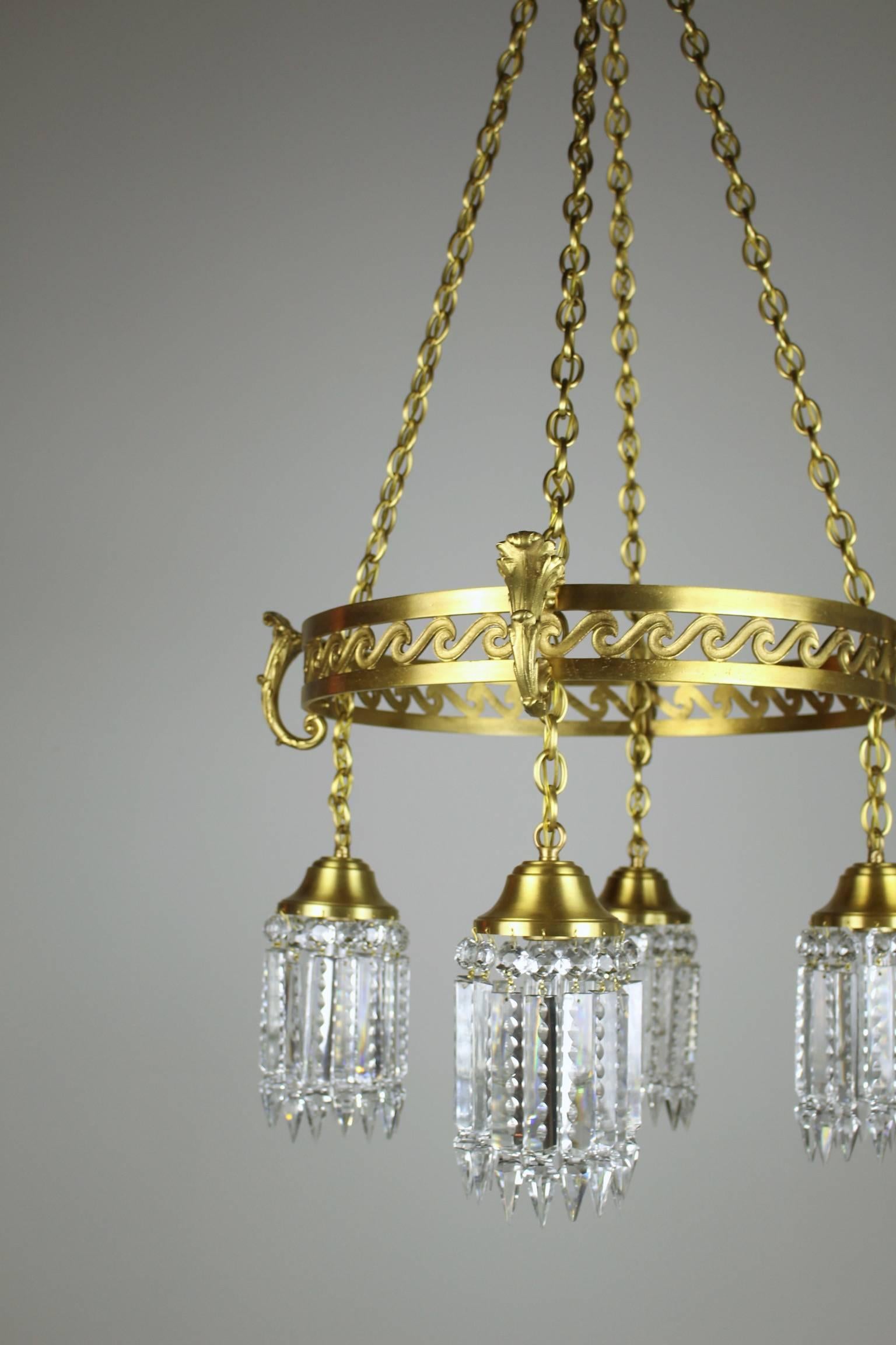American Neoclassical Brass Ring-Fixture with Notched Crystal  For Sale