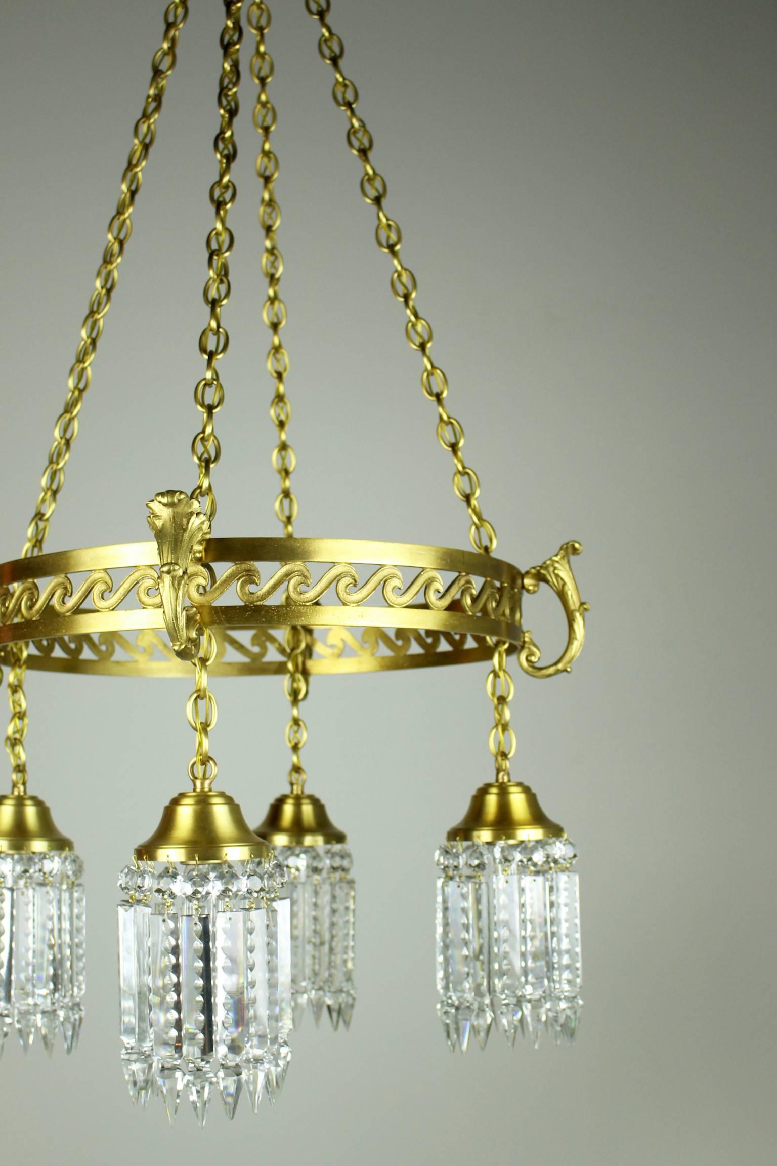 Neoclassical Brass Ring-Fixture with Notched Crystal  In Excellent Condition For Sale In Vancouver, BC