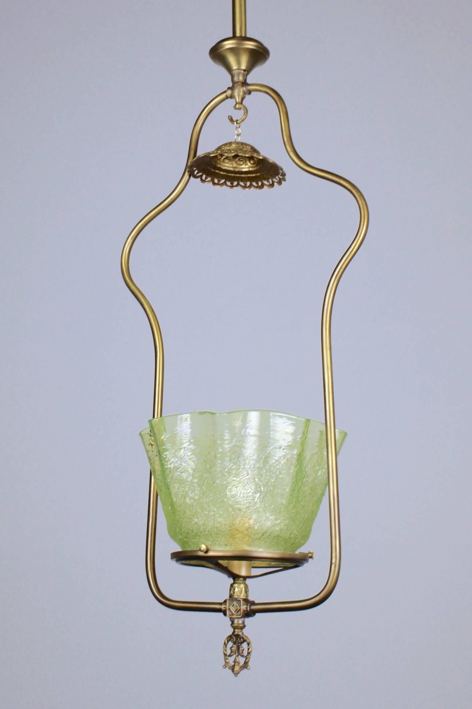 American Gas Hall Harp Fixture with Art Glass Shade For Sale