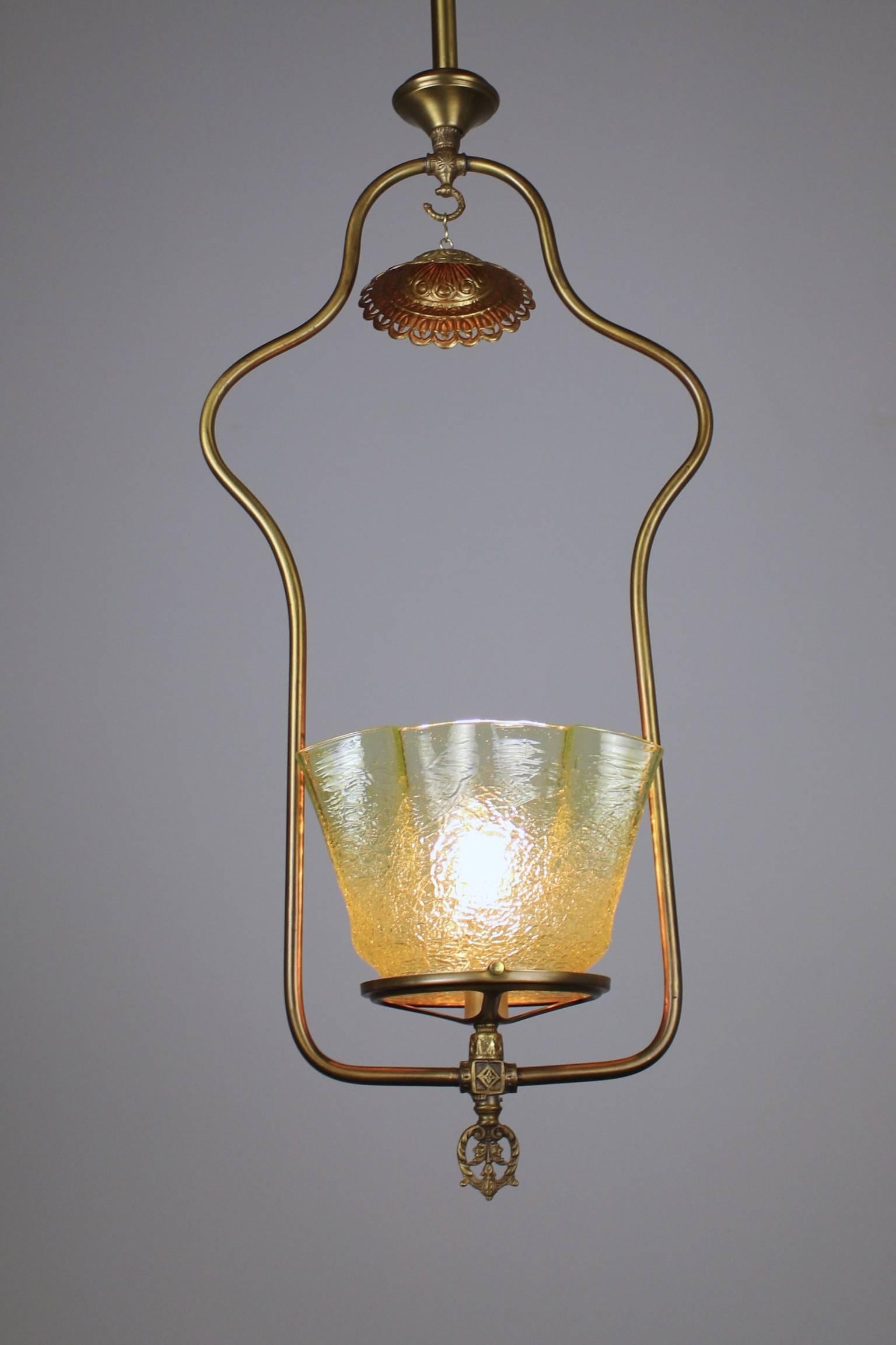 Gas Hall Harp Fixture with Art Glass Shade For Sale 1
