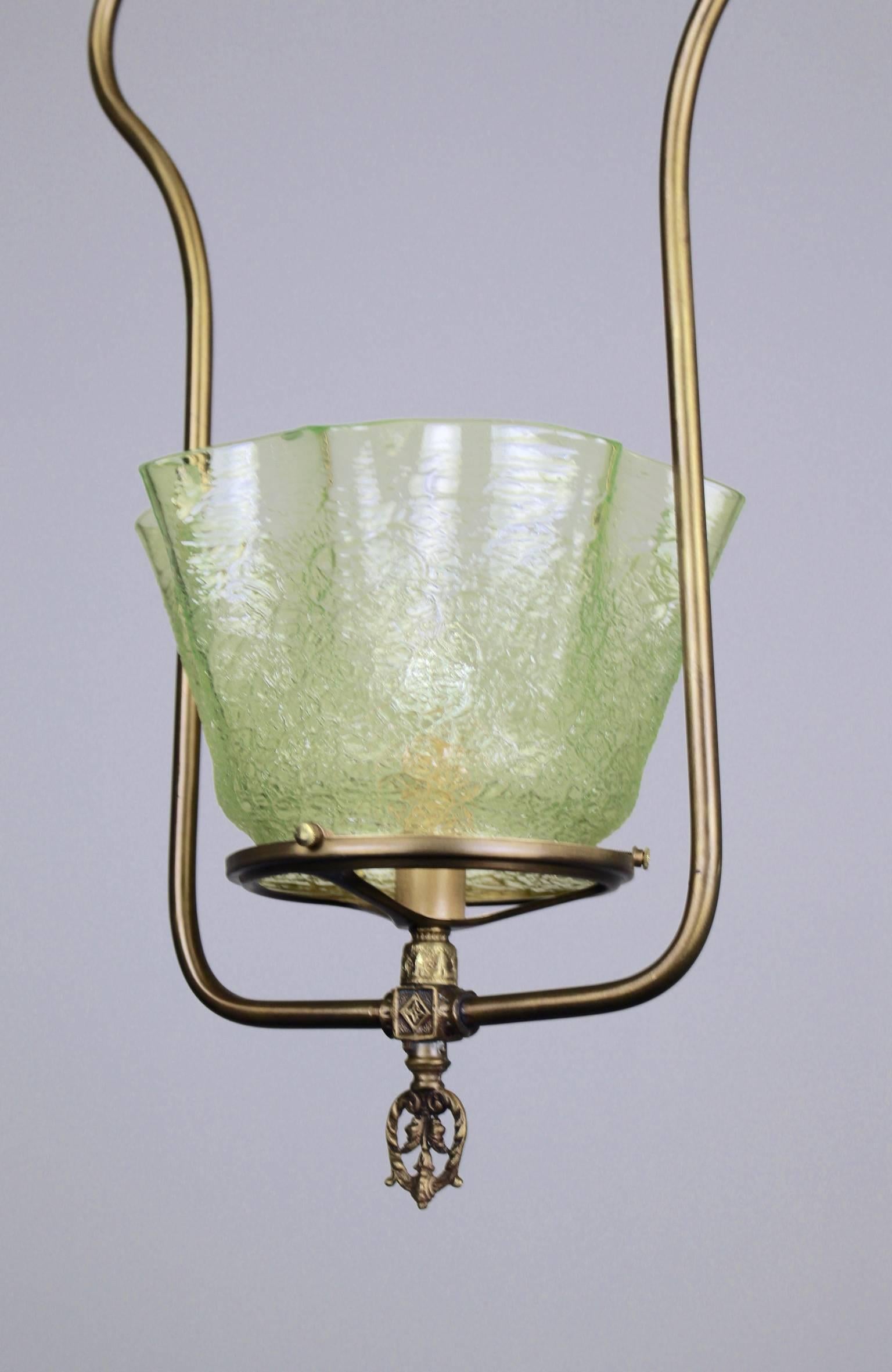 Gas Hall Harp Fixture with Art Glass Shade In Excellent Condition For Sale In Vancouver, BC