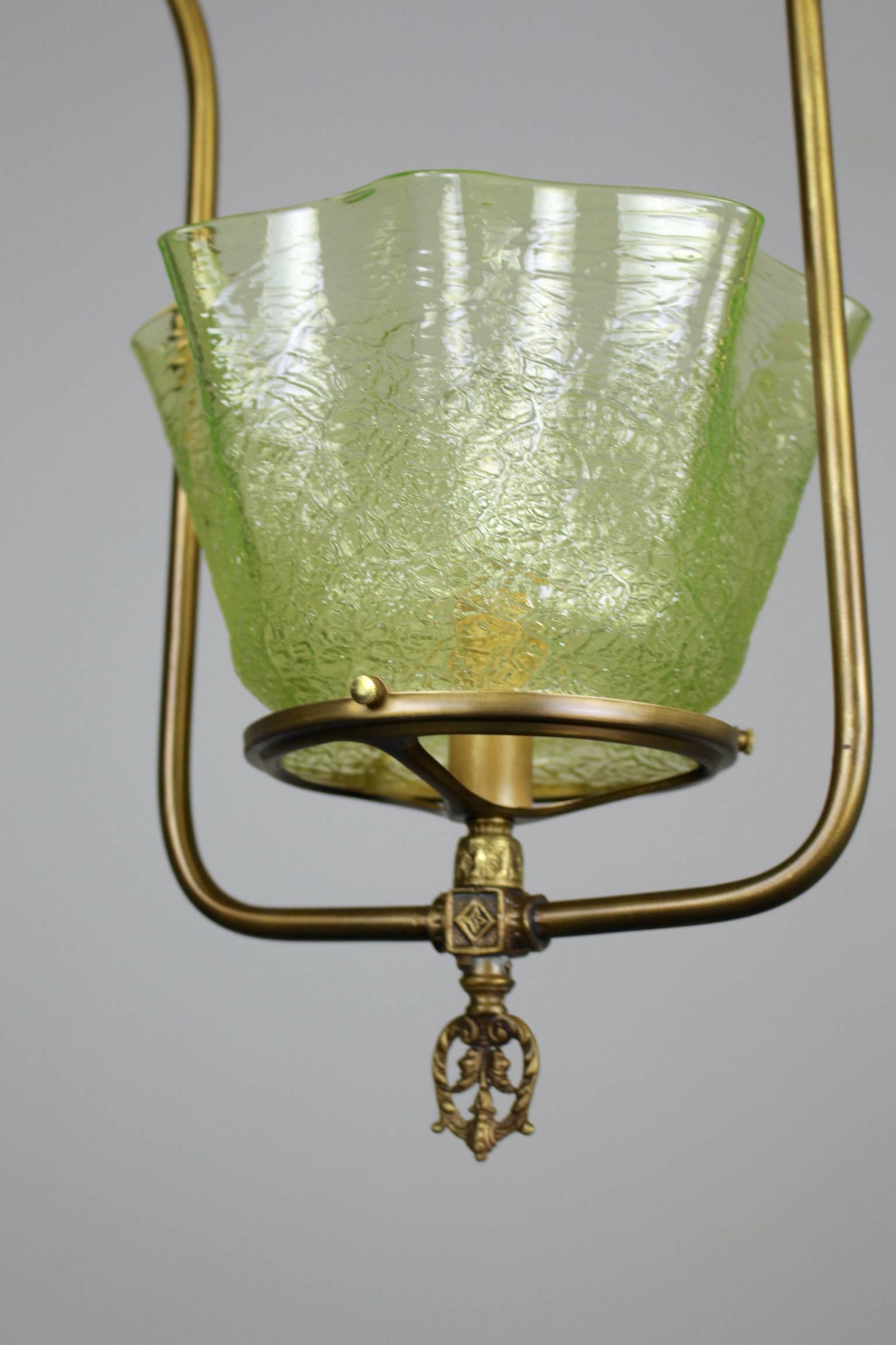Early 20th Century Gas Hall Harp Fixture with Art Glass Shade For Sale