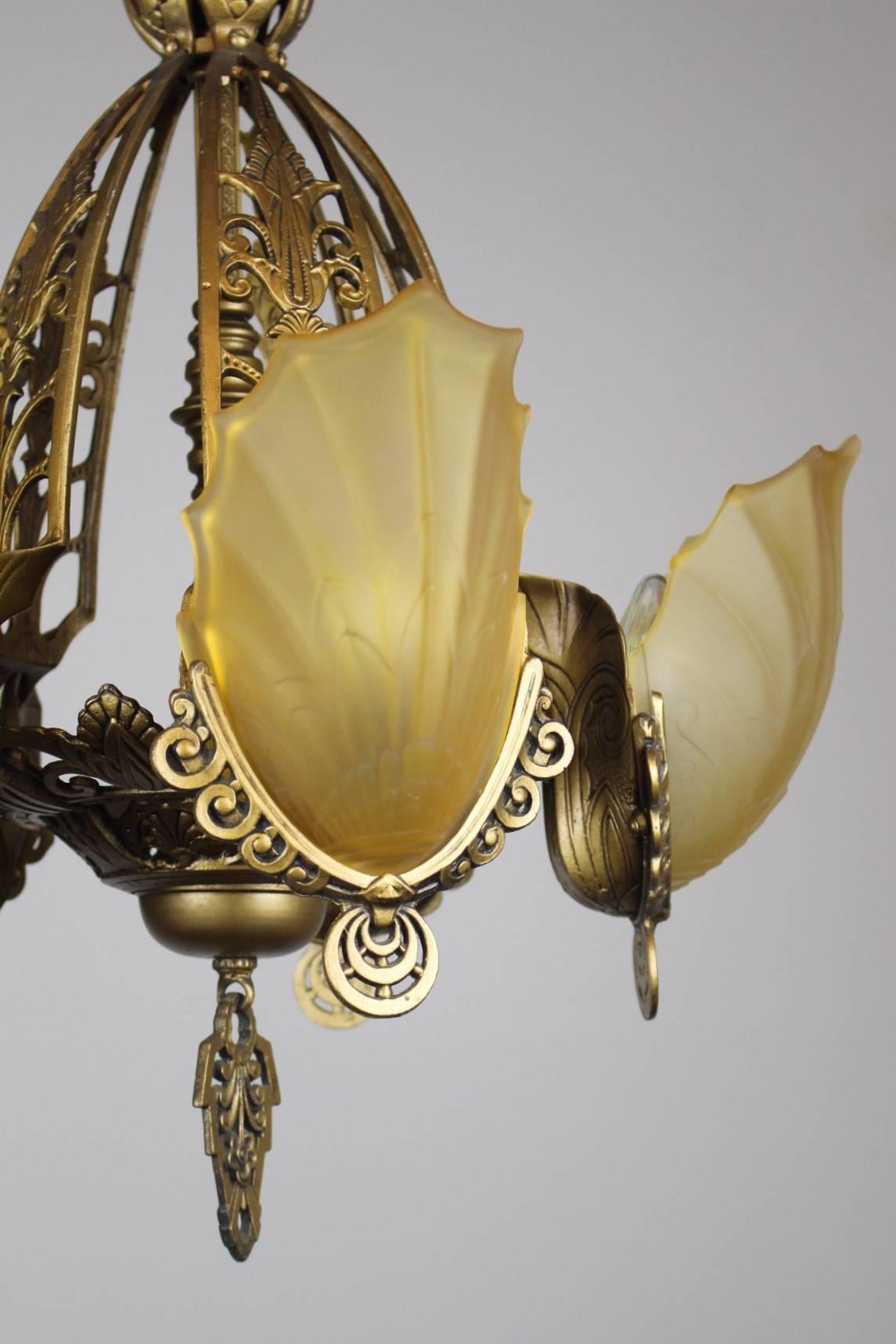 Original Art Deco Slip Shade Fixture Five-Light In Excellent Condition For Sale In Vancouver, BC