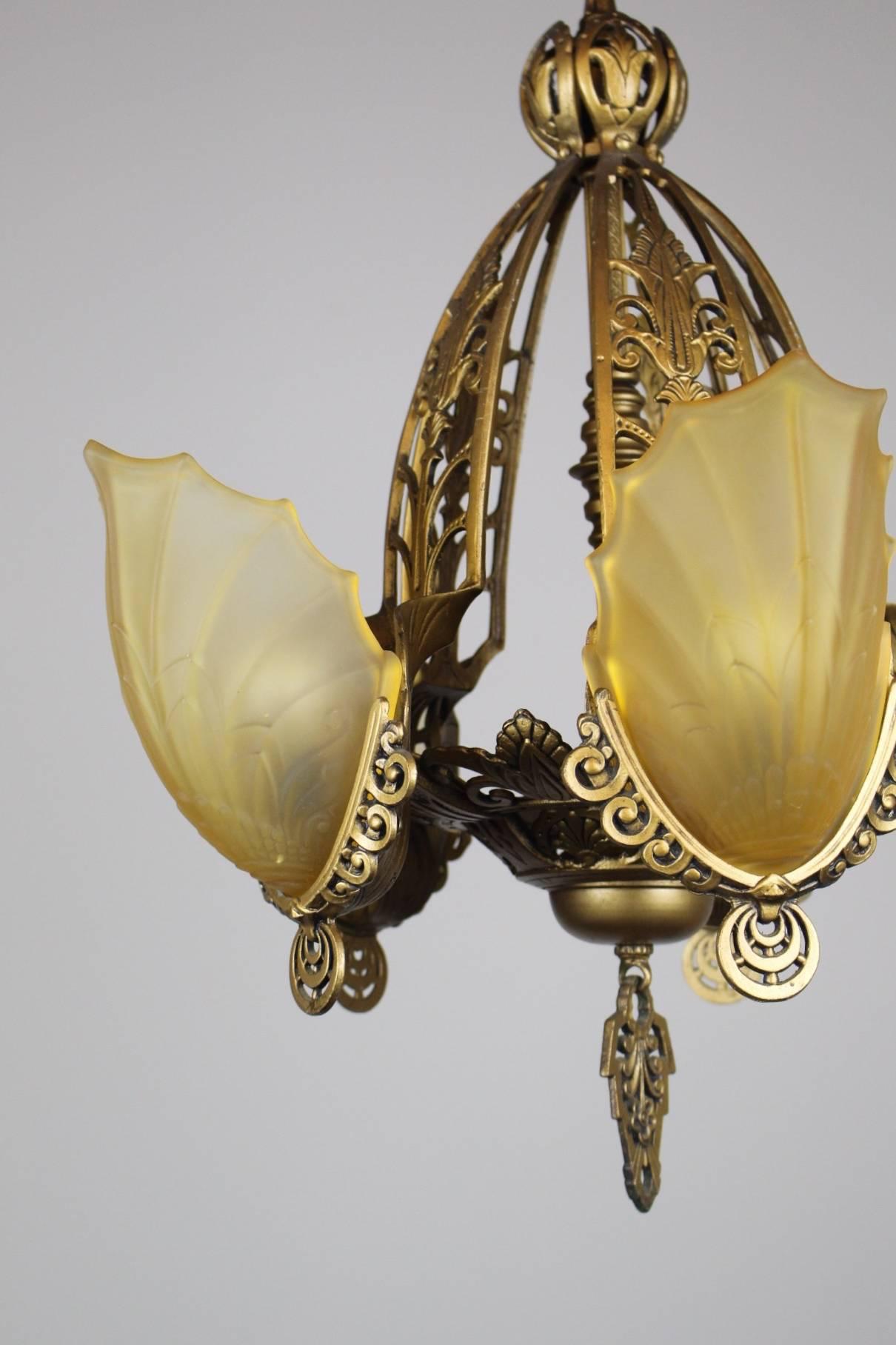 Brass Original Art Deco Slip Shade Fixture Five-Light For Sale