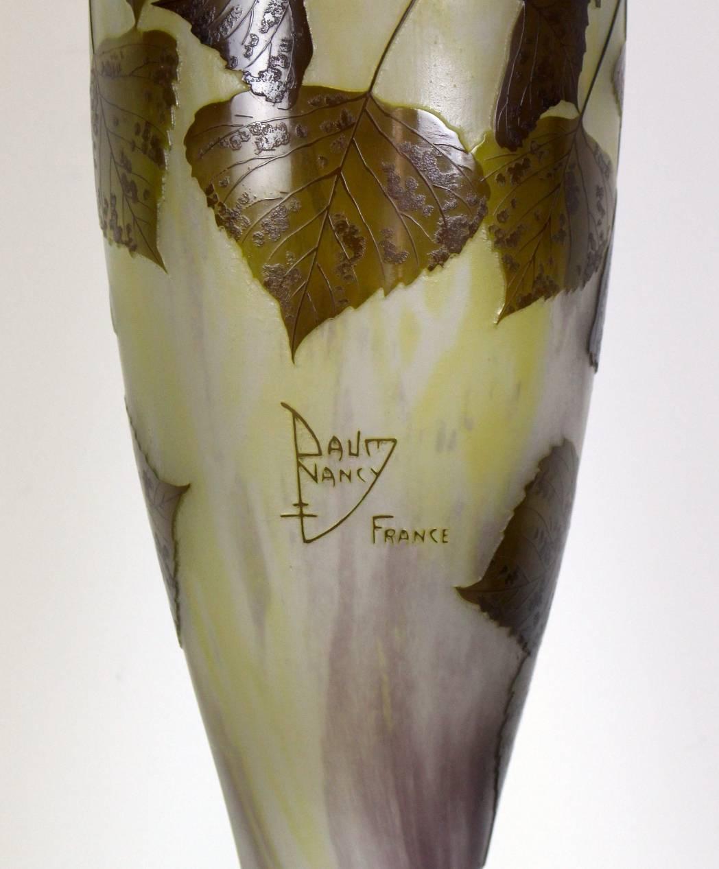 French Monumental Daum Nancy Vase, Birch Leaves For Sale