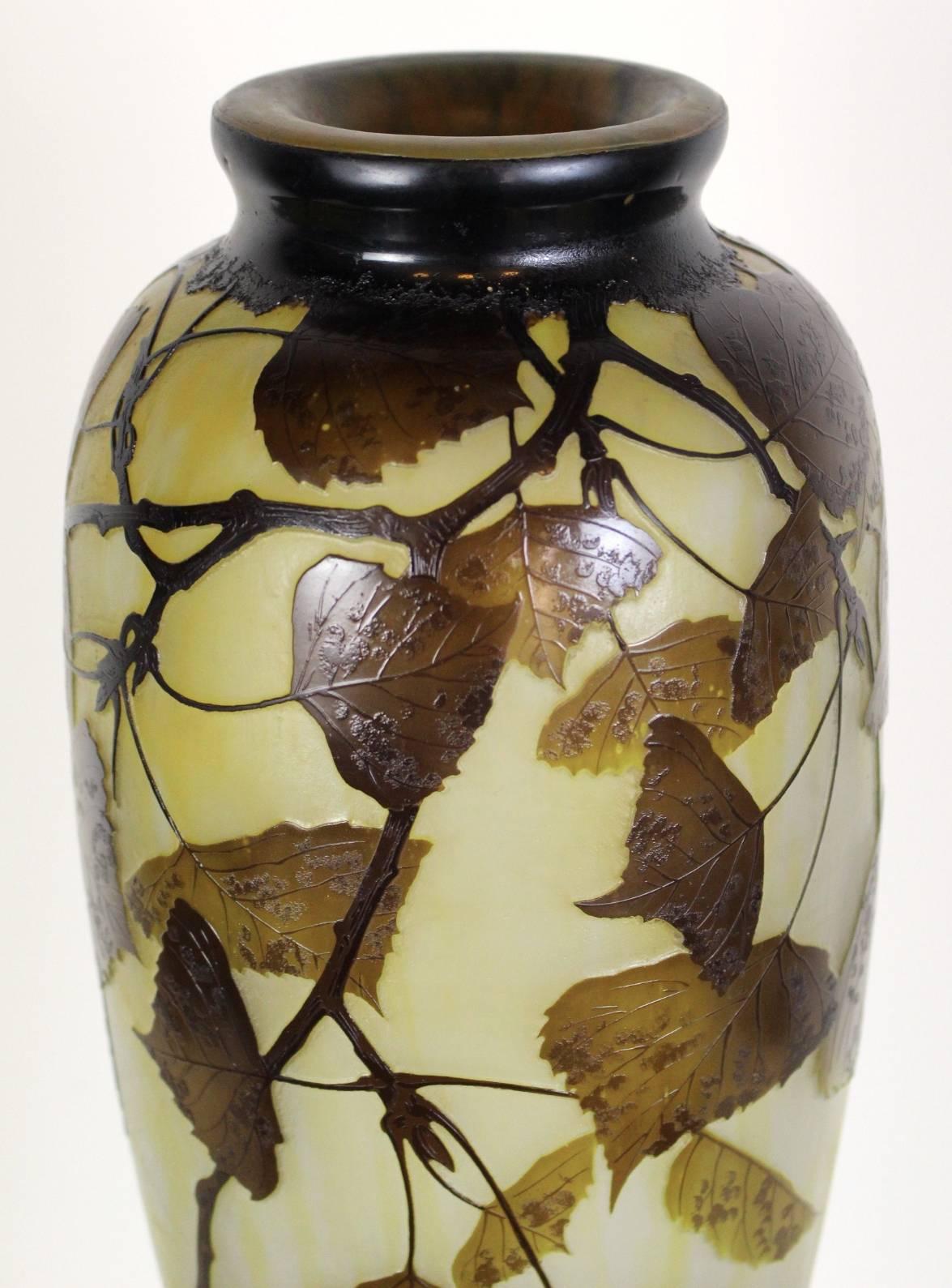 Hand-Carved Monumental Daum Nancy Vase, Birch Leaves For Sale