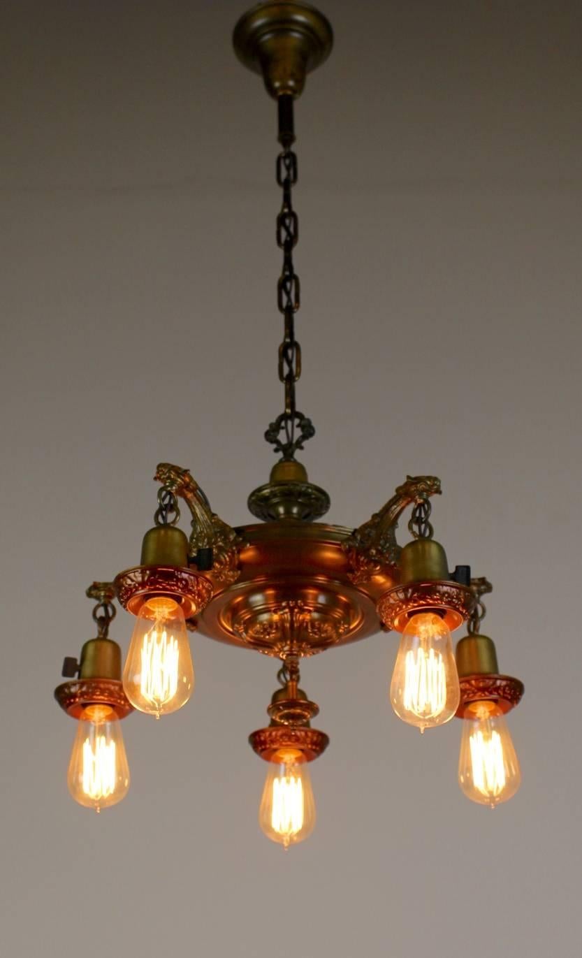 Five-Light Embossed Pan Fixture with Bare Bulbs In Excellent Condition For Sale In Vancouver, BC