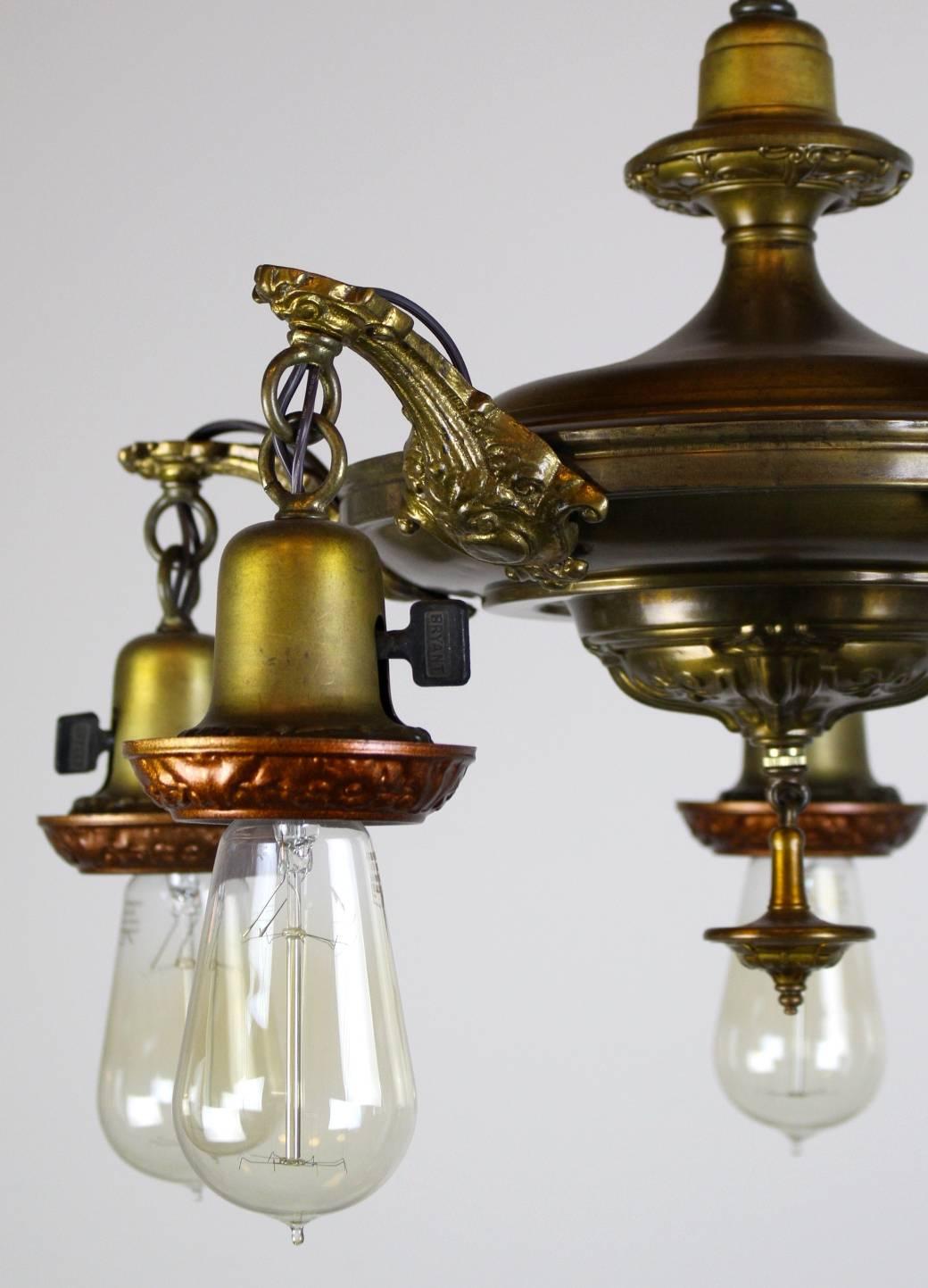 Early 20th Century Five-Light Embossed Pan Fixture with Bare Bulbs For Sale