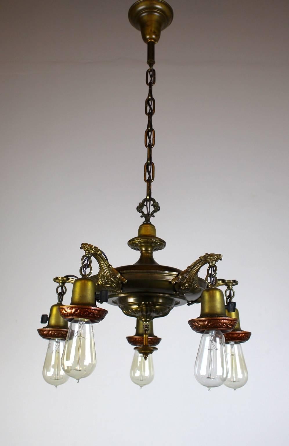 Five-Light Embossed Pan Fixture with Bare Bulbs For Sale 1