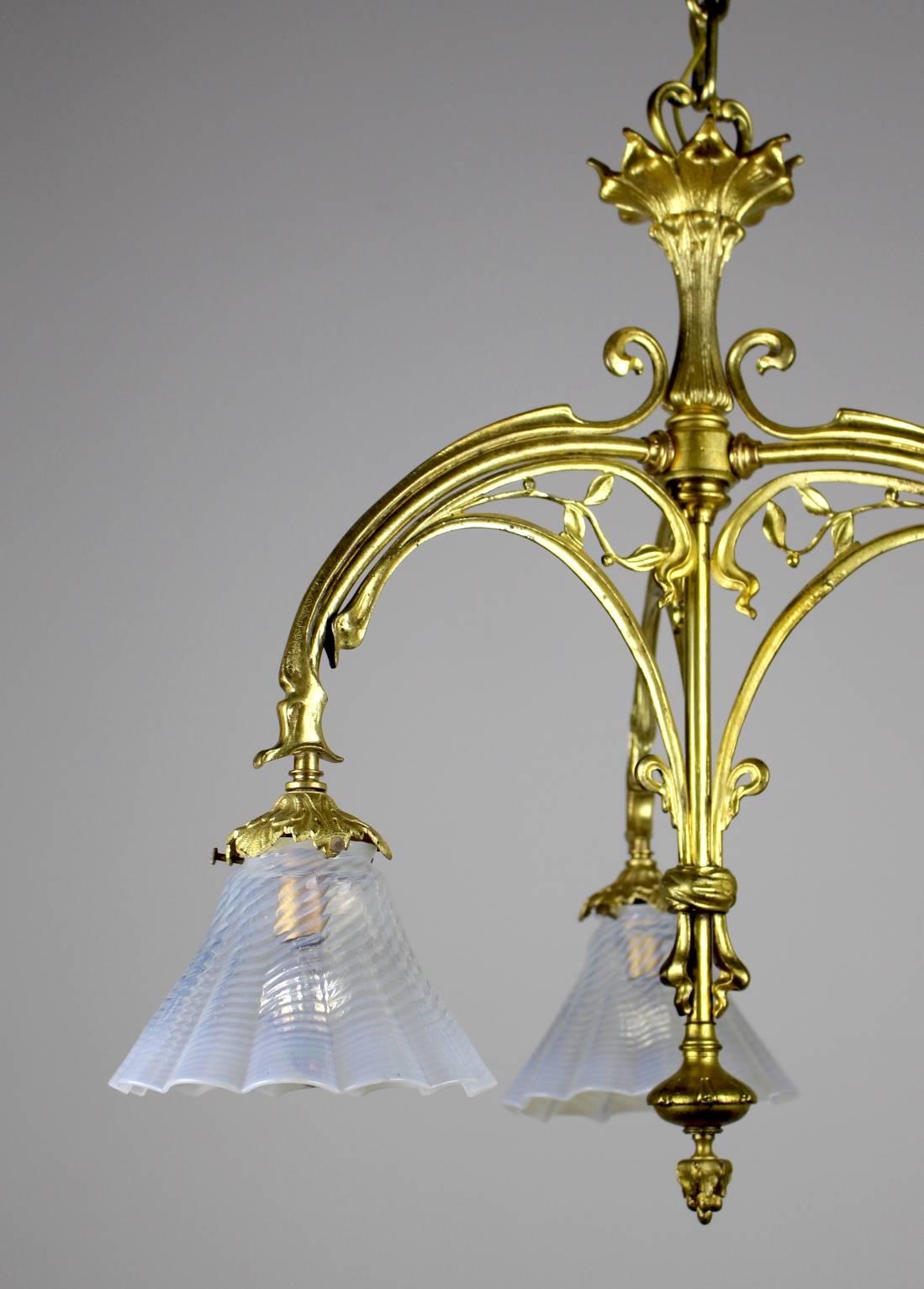 Three-Light Ormolu Finished Art Nouveau Fixture In Excellent Condition For Sale In Vancouver, BC