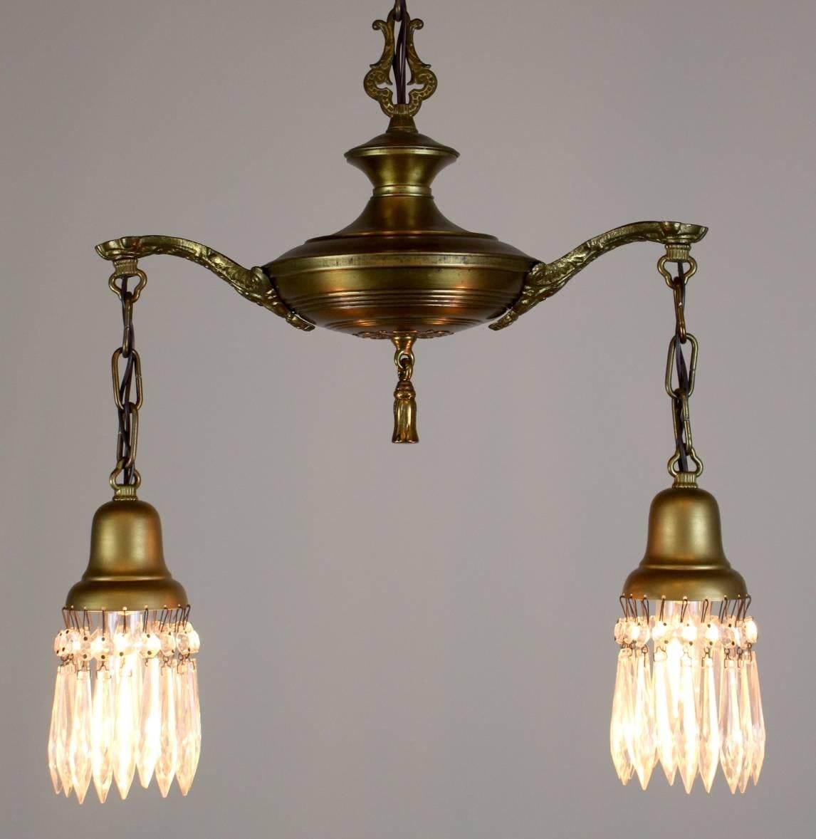 Two-Light Colonial Revival Style Pan Fixture with Crystal In Excellent Condition For Sale In Vancouver, BC