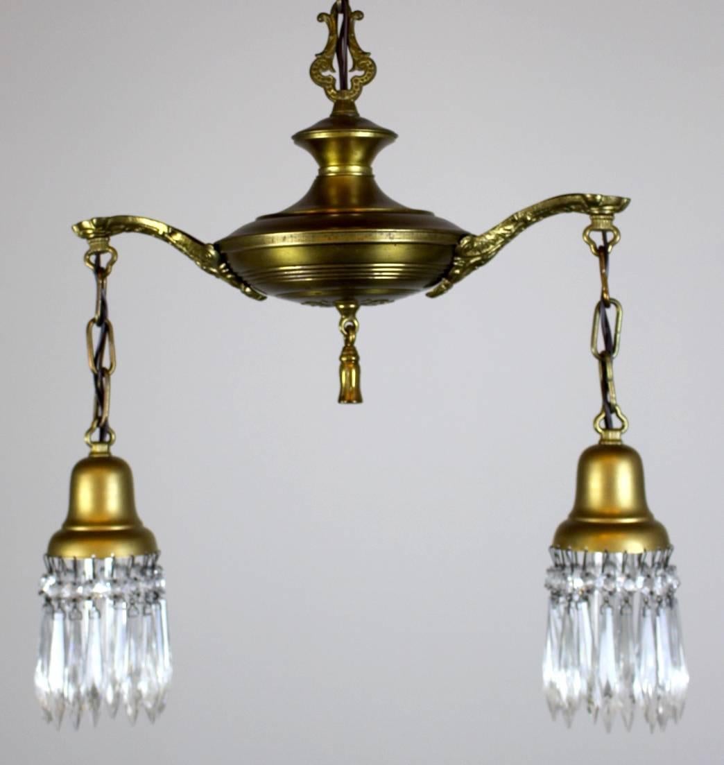 Early 20th Century Two-Light Colonial Revival Style Pan Fixture with Crystal For Sale