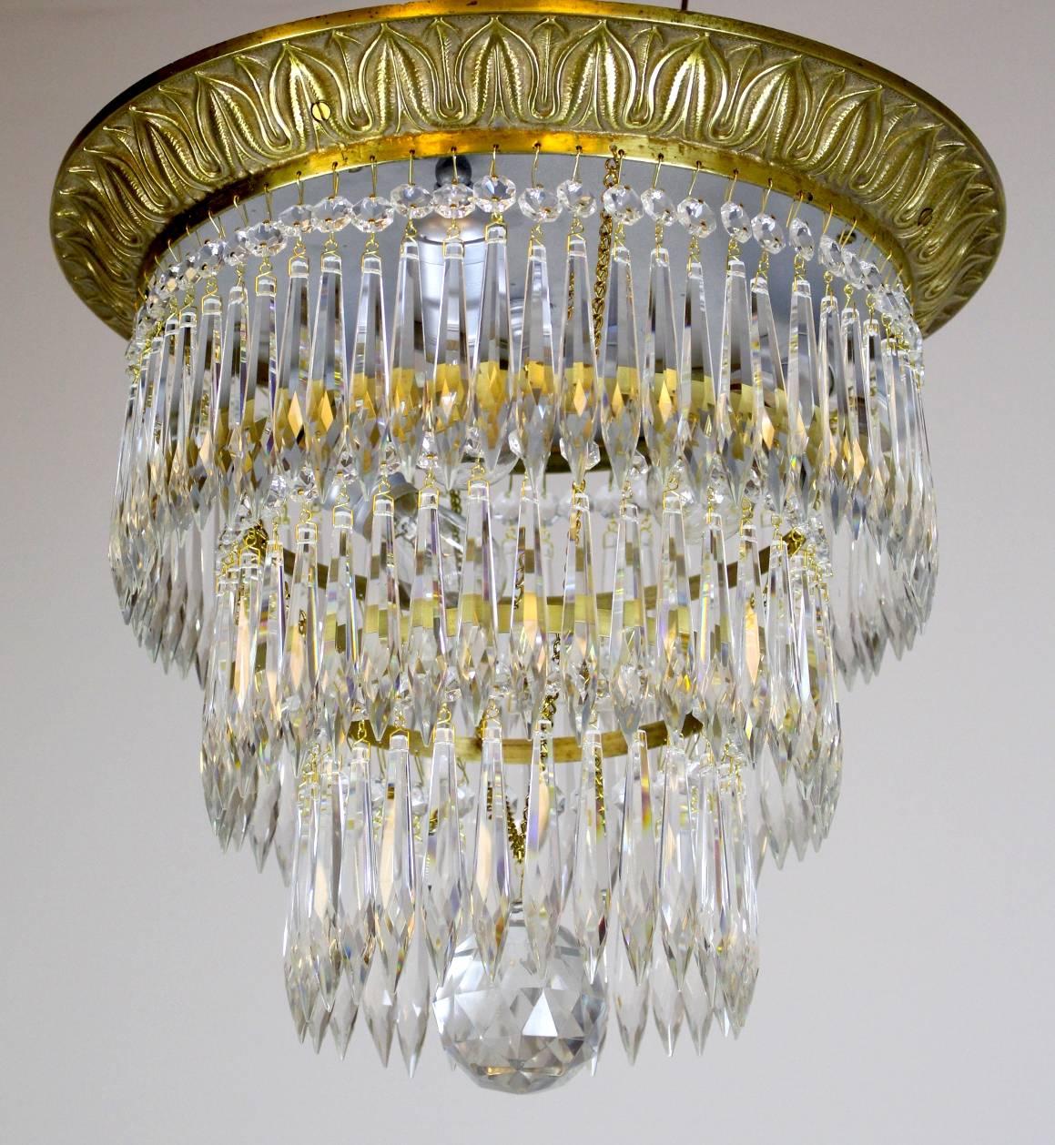 Three-Tier Cast Brass Crystal Flush Mount In Excellent Condition In Vancouver, BC