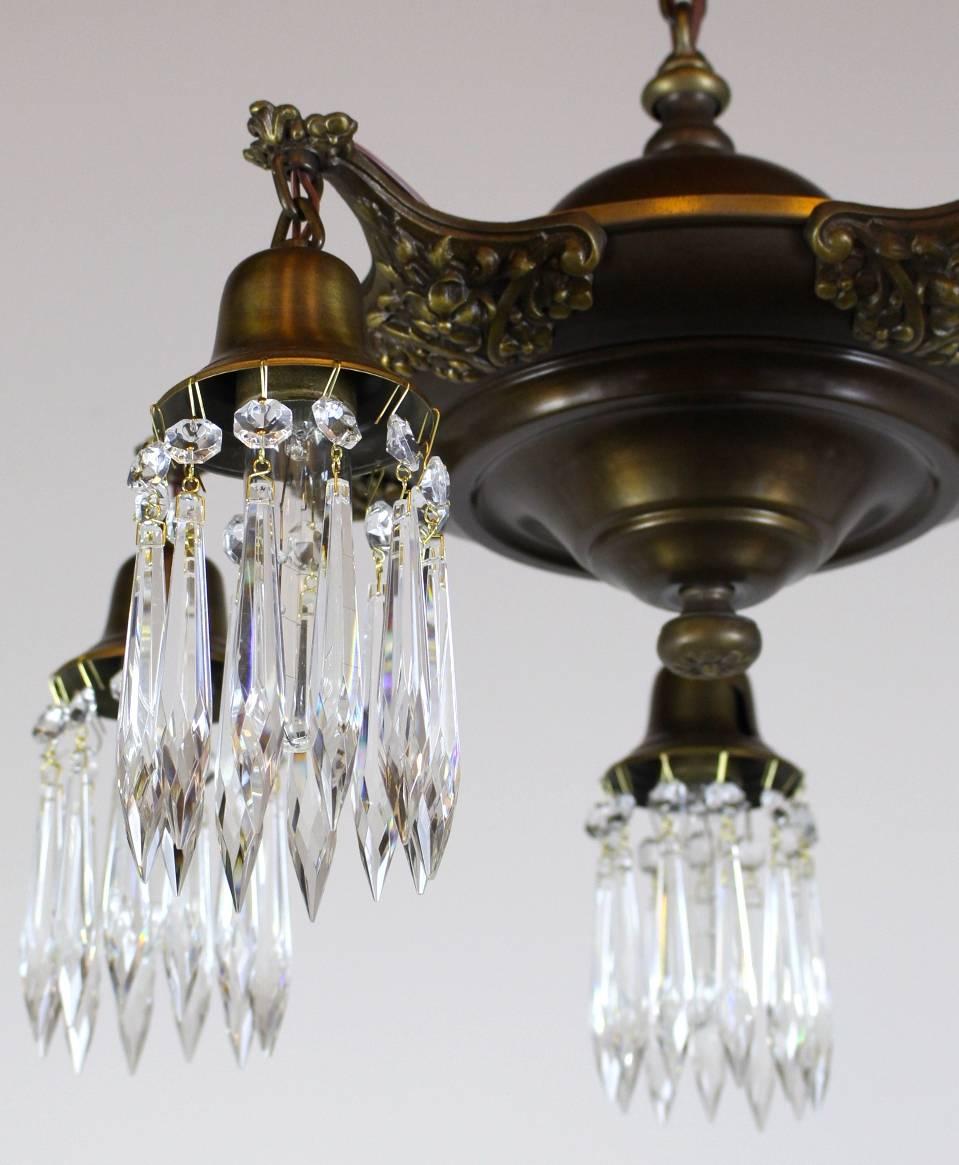 Early 20th Century Five-Light Pan Fixture Finished with Crystals For Sale