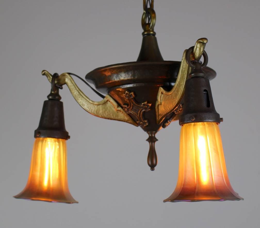 Three-Light Decorative Pan Fixture with Art Glass In Excellent Condition For Sale In Vancouver, BC