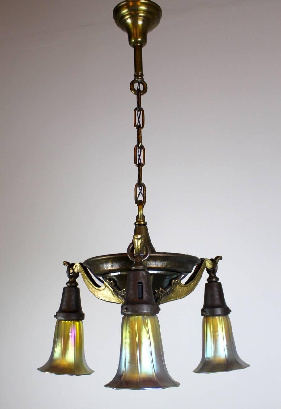 Early 20th Century Three-Light Decorative Pan Fixture with Art Glass For Sale