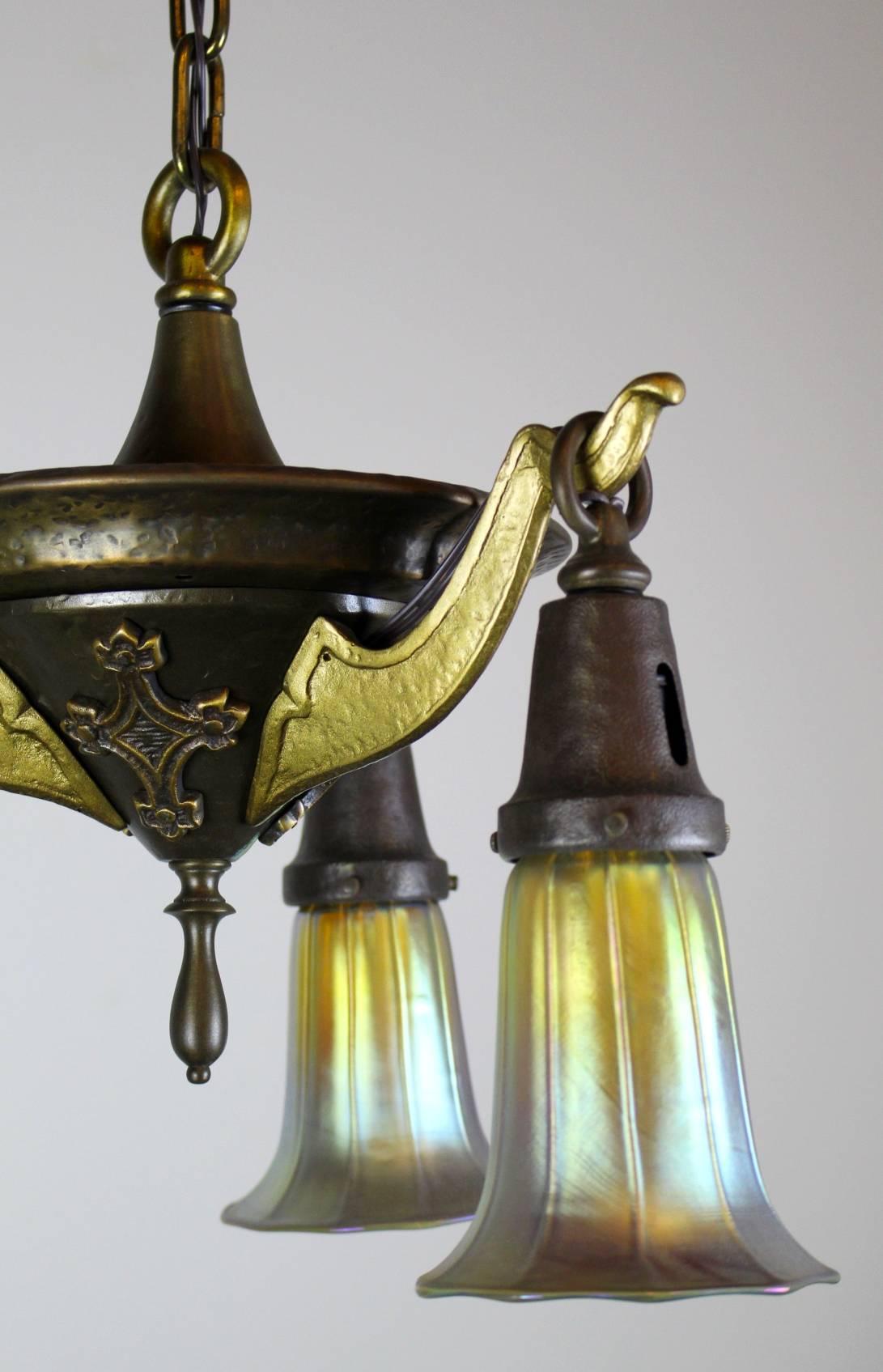 Three-Light Decorative Pan Fixture with Art Glass For Sale 2