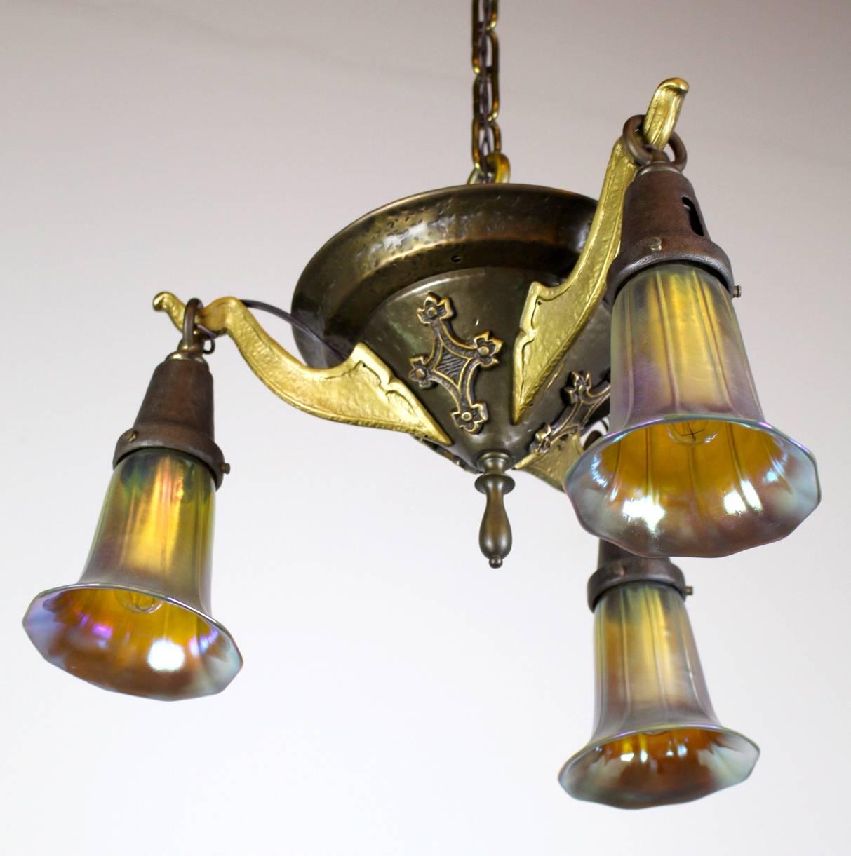 Three-Light Decorative Pan Fixture with Art Glass For Sale 3