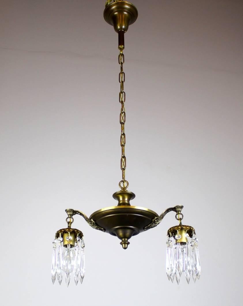 Early 20th Century Two-Light Pan Fixture with Crystal For Sale