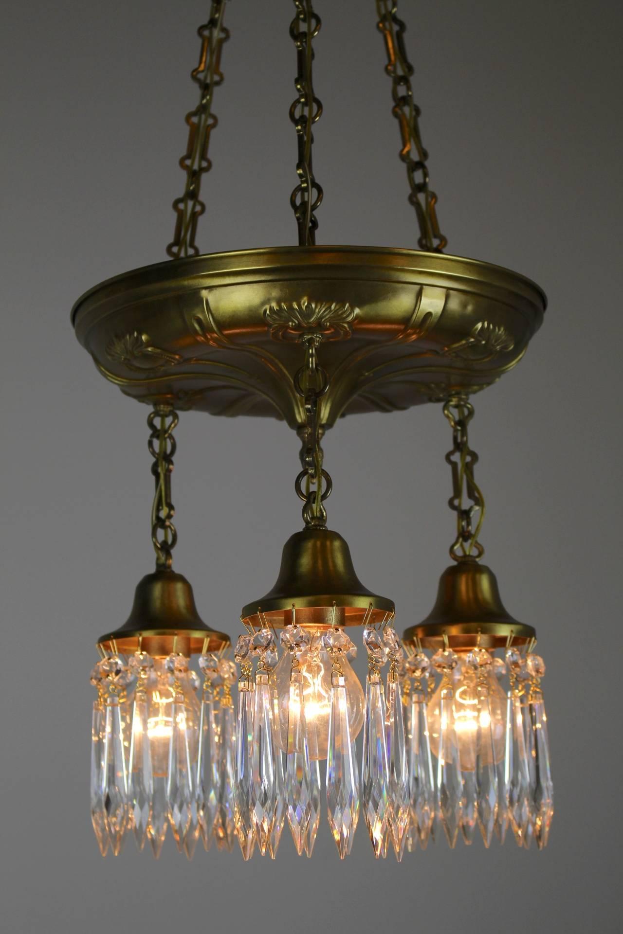 Early 20th Century Three-Light Shower Fixture with Crystals For Sale