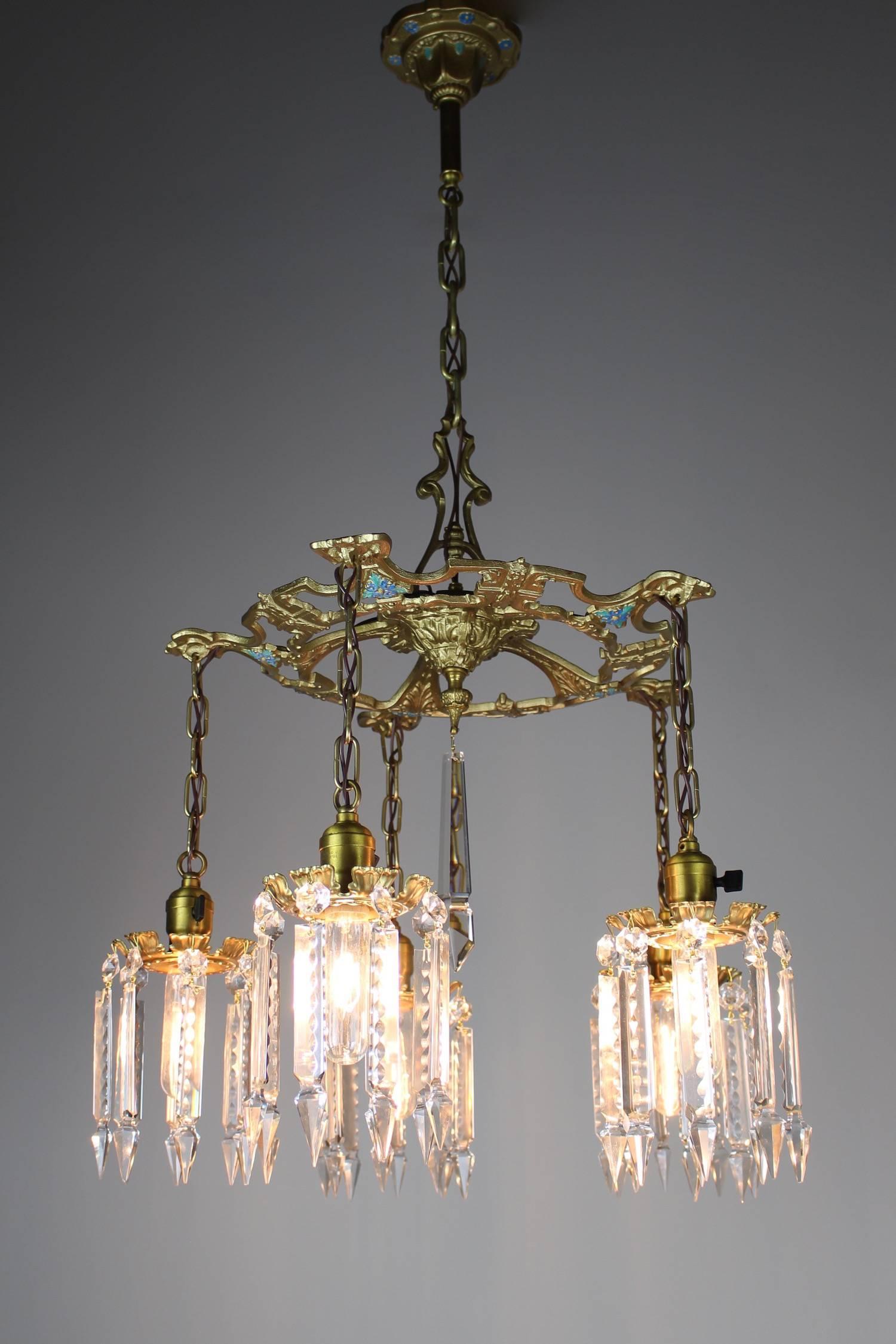 Early 20th Century Gold Painted Iron Crystal Chandelier