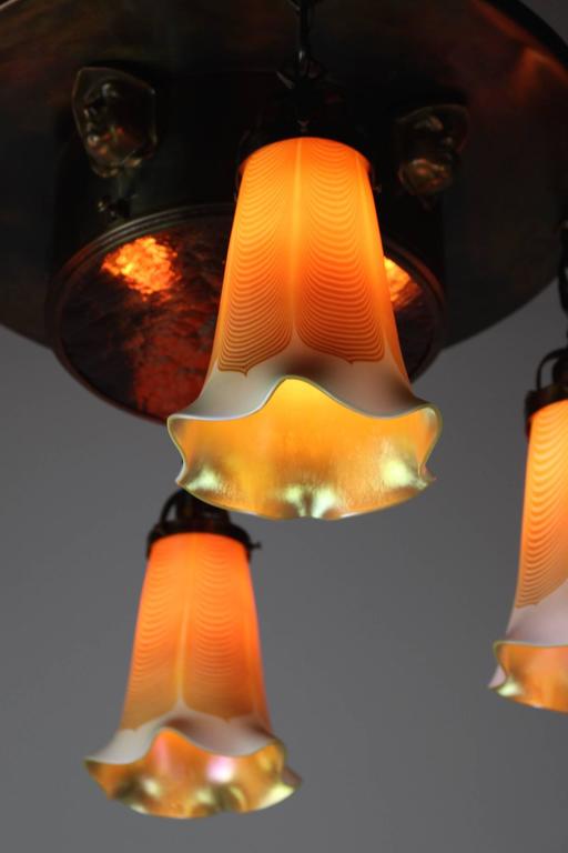 Arts and Crafts "Monk's Head" Flush Mount with Signed Steuben Art Glass