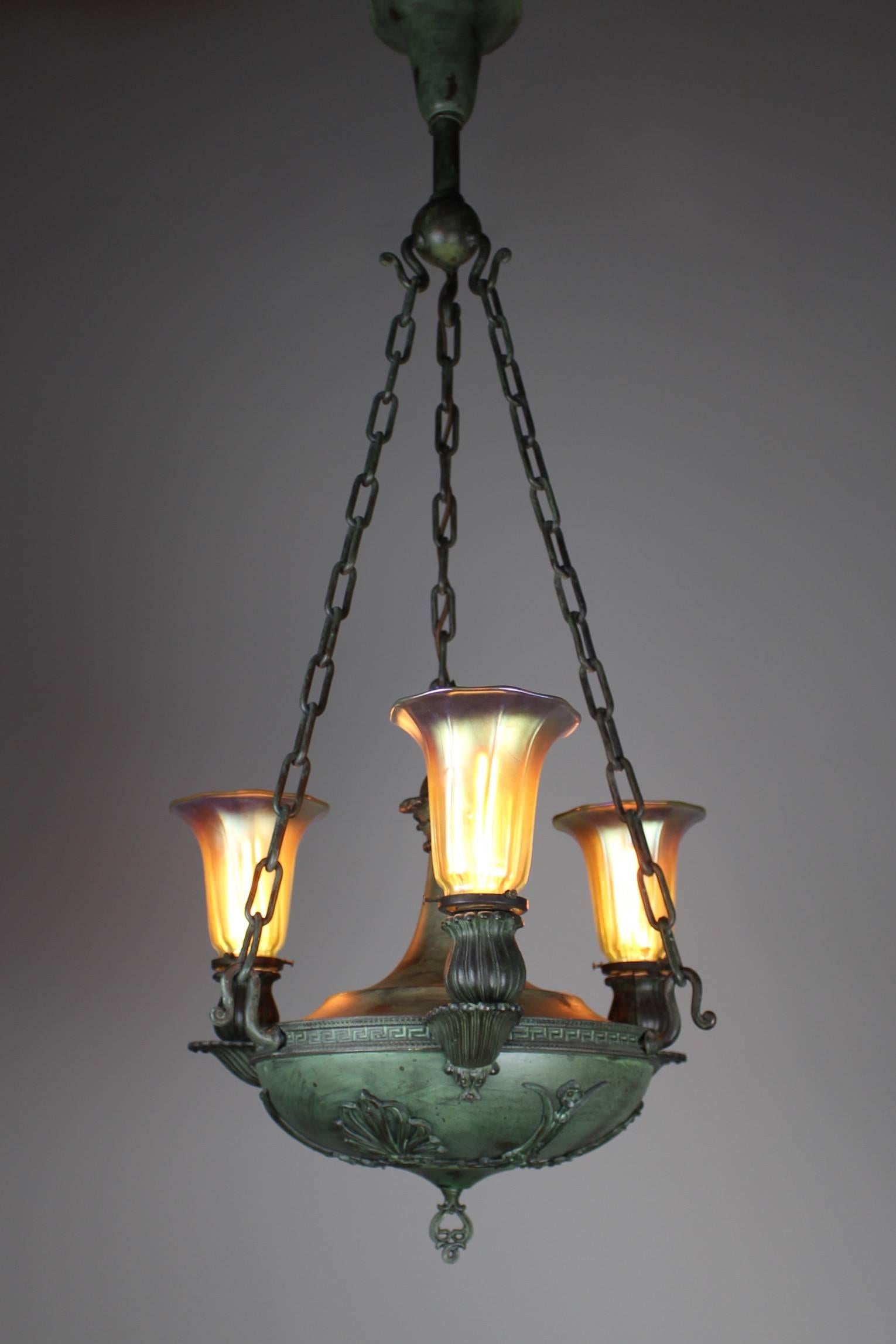 Beardslee Greek Revival Sanctuary Fixture with Art Glass Three-Light For Sale 2