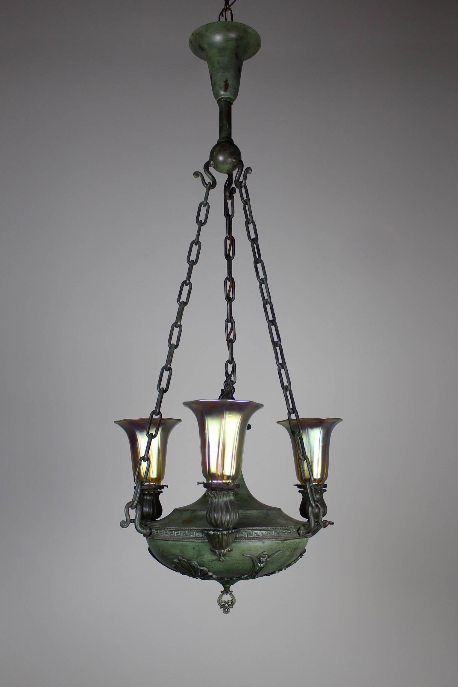 Beardslee Greek Revival Sanctuary Fixture with Art Glass Three-Light For Sale 1