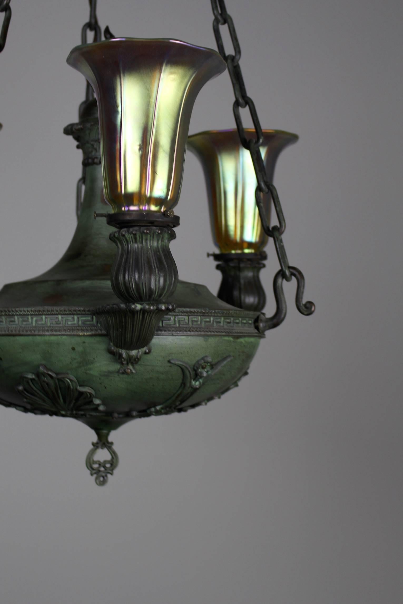 Early 20th Century Beardslee Greek Revival Sanctuary Fixture with Art Glass Three-Light For Sale