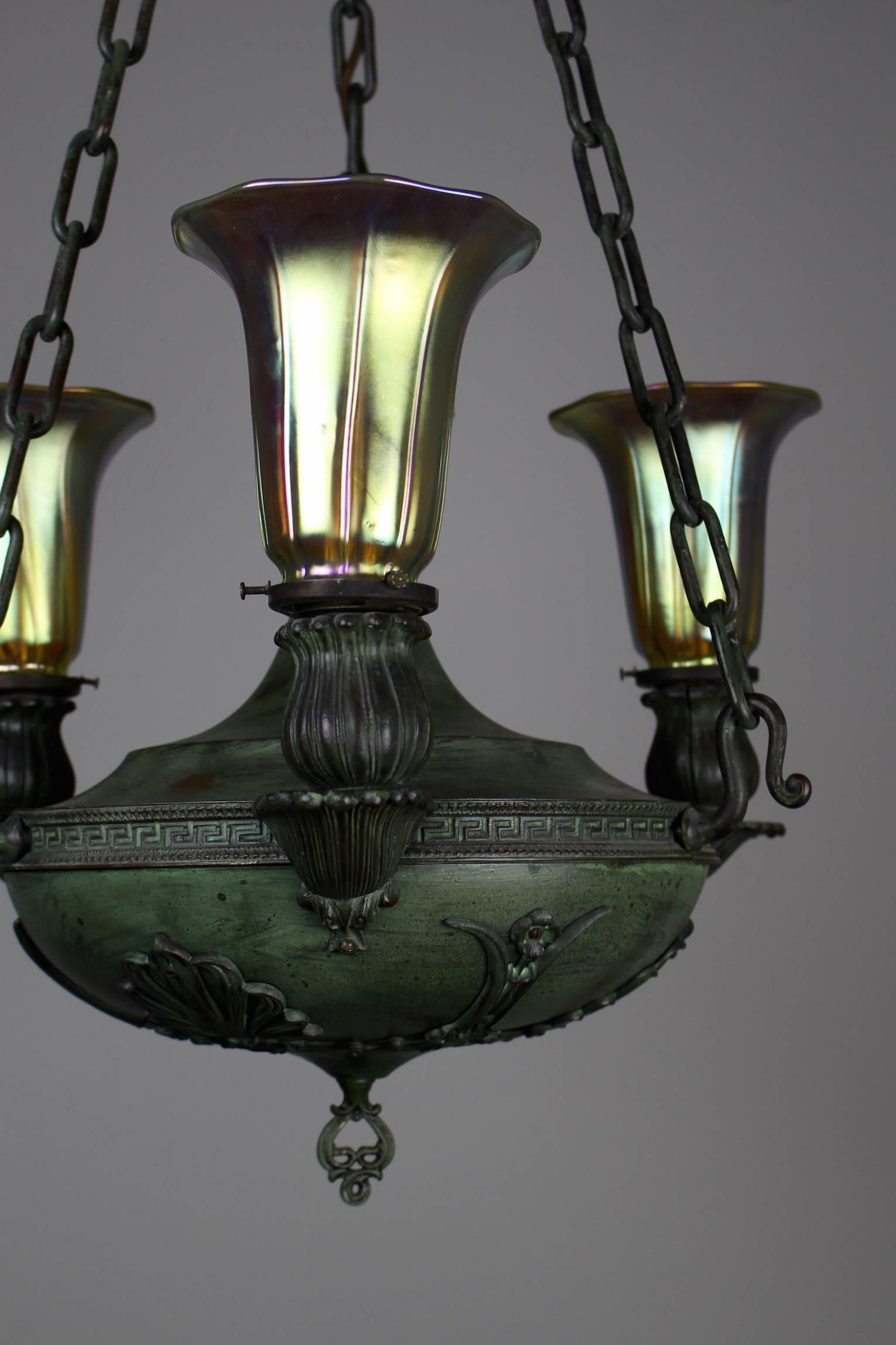 Beardslee Greek Revival Sanctuary Fixture with Art Glass Three-Light For Sale 3