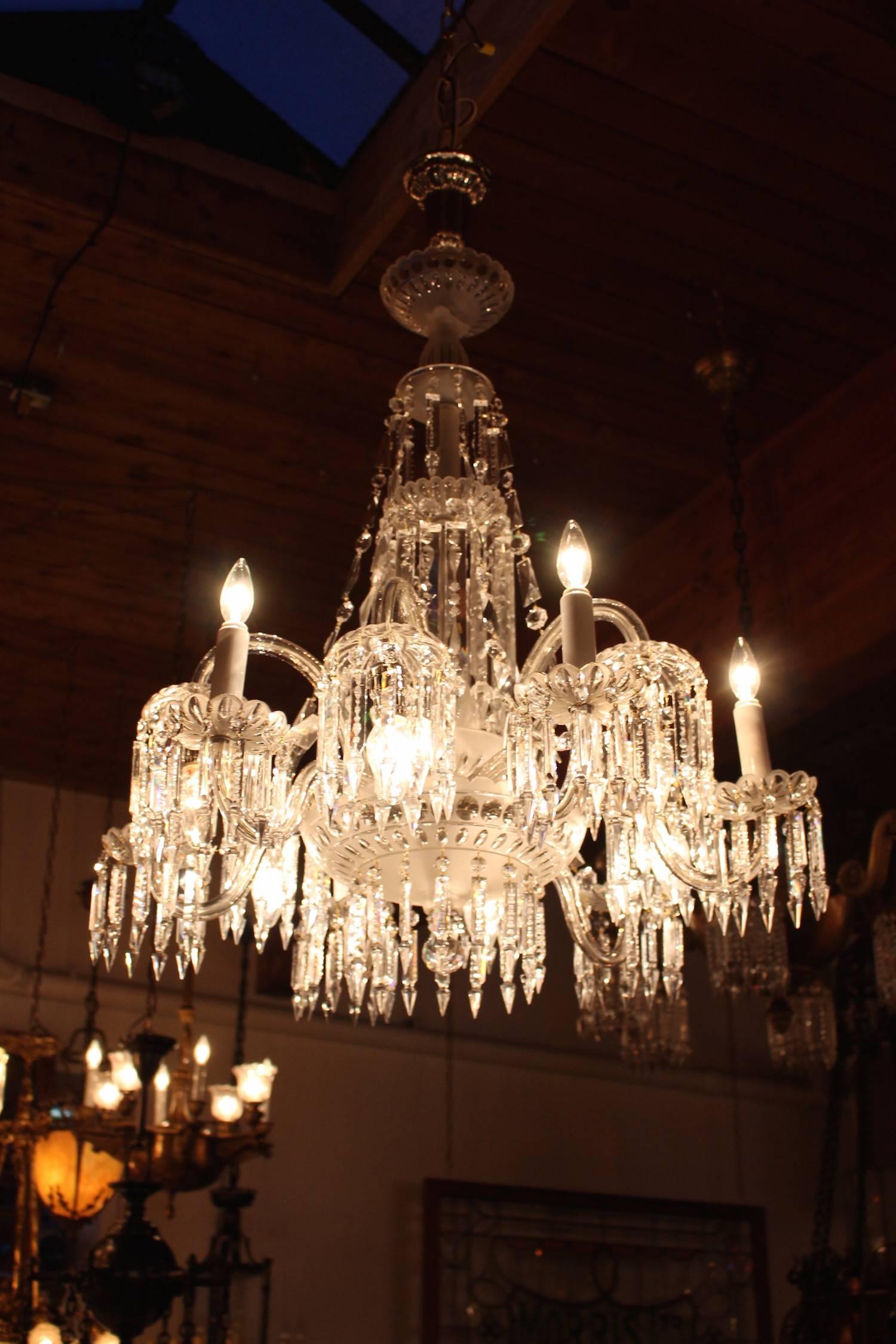 This is an absolute top quality combination gas-electric crystal chandelier by Mitchell Vance Co., a premier chandelier maker of New York, circa 1900. Attributed to Mitchell Vance because of the very unusual cutting pattern on bottom of etched glass