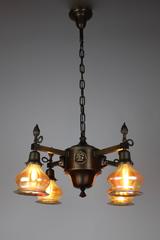 Arts & Crafts "Monk Head" Four-Light Fixture with Art Glass