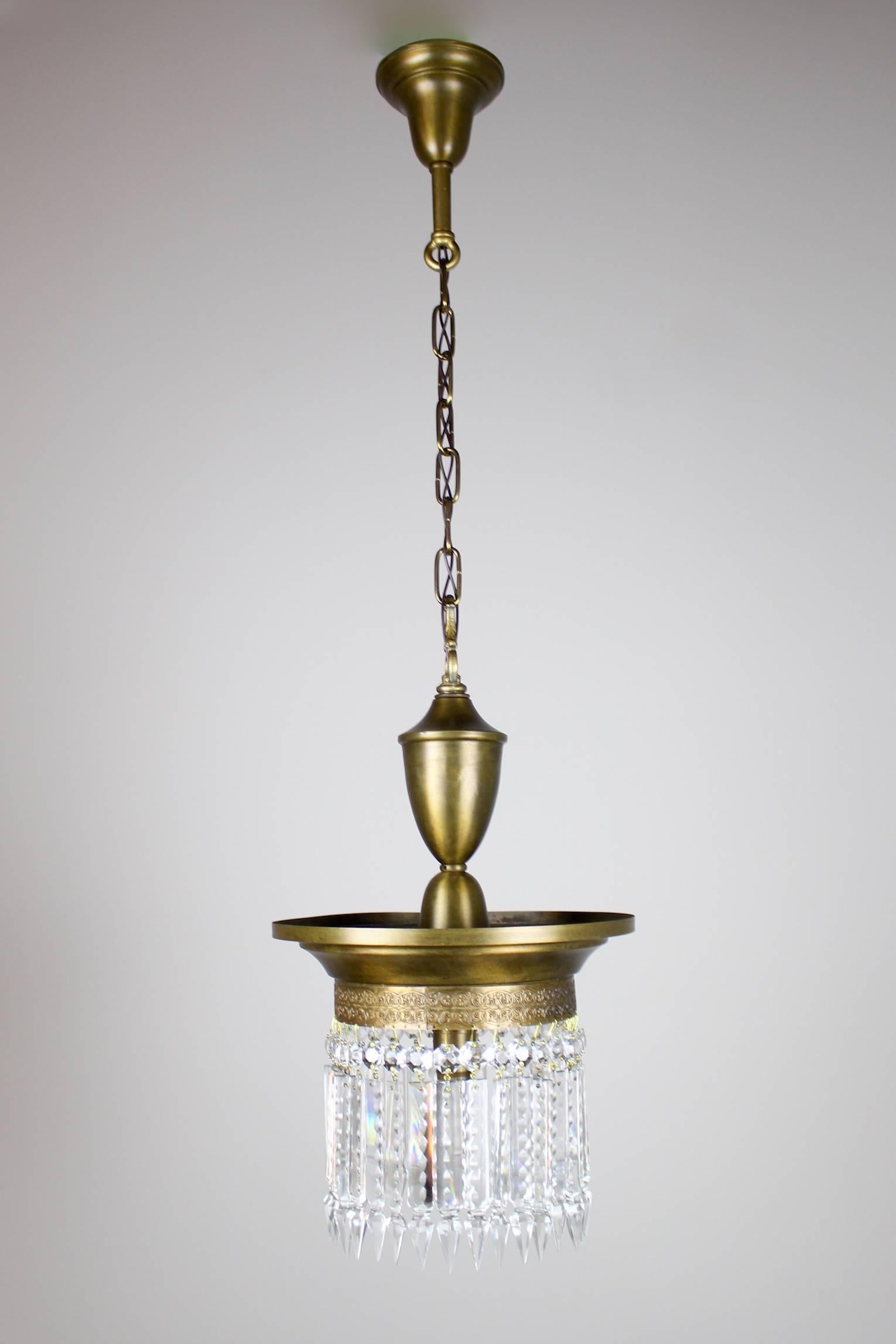 Edwardian style single pendant with notched crystal, sourced in buffalo, New York, circa 1920. Restored, rewired and ready to hang this light makes a lovely addition to a bedroom, hallway - or anywhere needing a hearty glow. SKU DF1254.