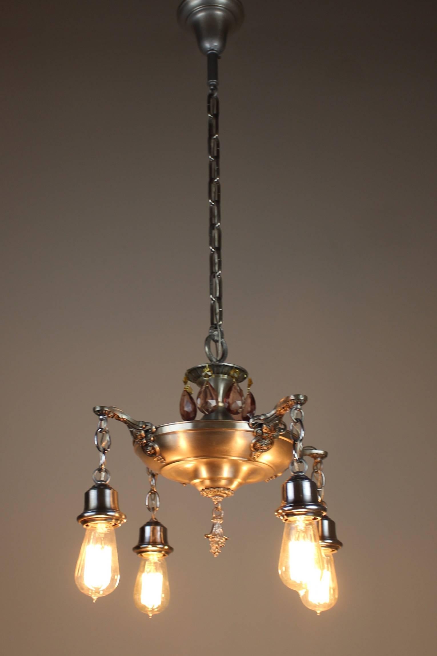 Silver Pan Four-Light Fixture with Mauve Crystals In Excellent Condition In Vancouver, BC