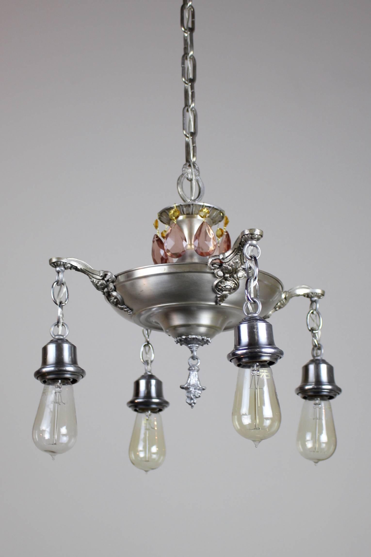 Edwardian Silver Pan Four-Light Fixture with Mauve Crystals