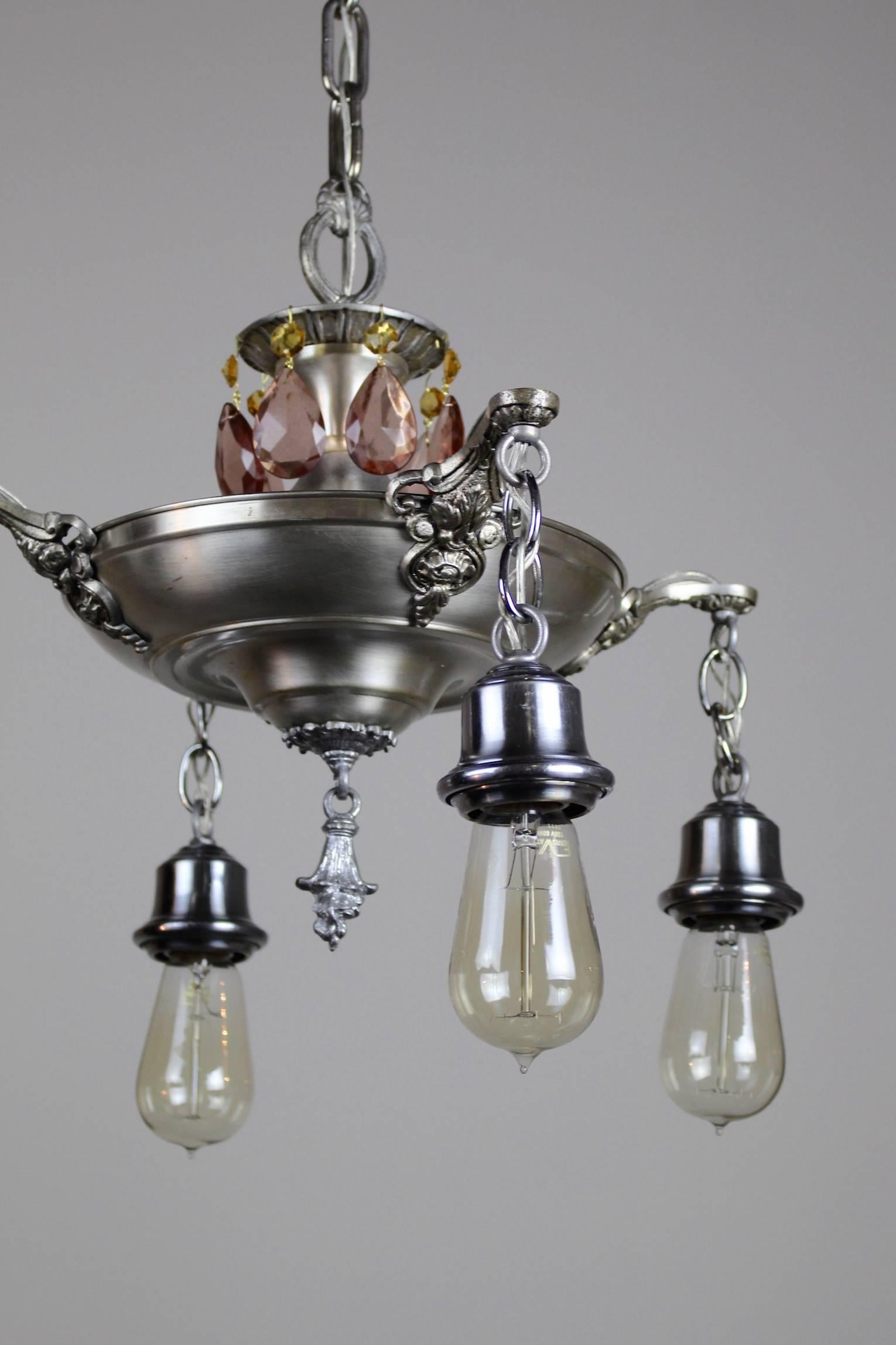 Early 20th Century Silver Pan Four-Light Fixture with Mauve Crystals