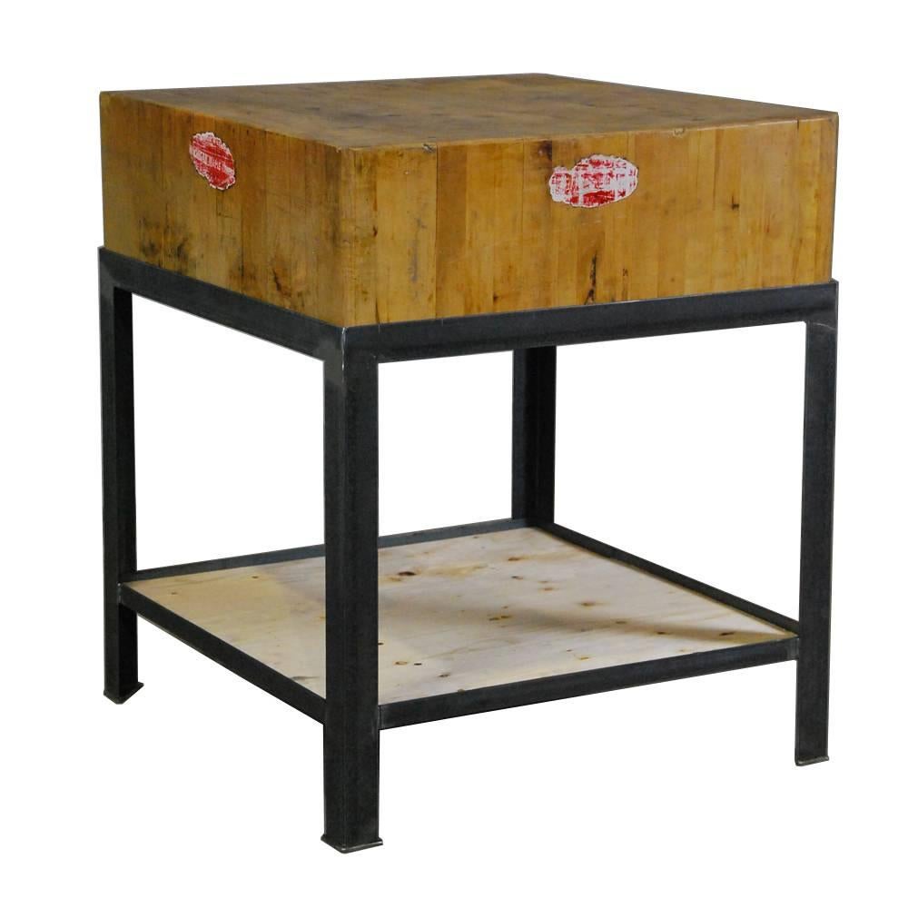 Very nice original butcher block with custom steel base frame to hold this heavy top at a perfect counter height. The shelf is a piece of hot rolled steel for solid easy use of storage space.
Found in storage of a local historic hotel in