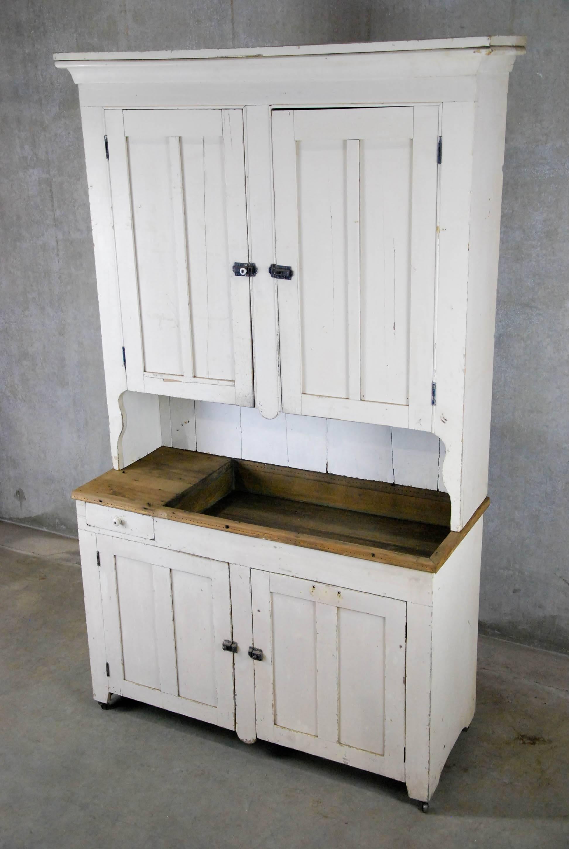 Canadian 19th Century Two-Piece Original Paint Dry Sink Cupboard