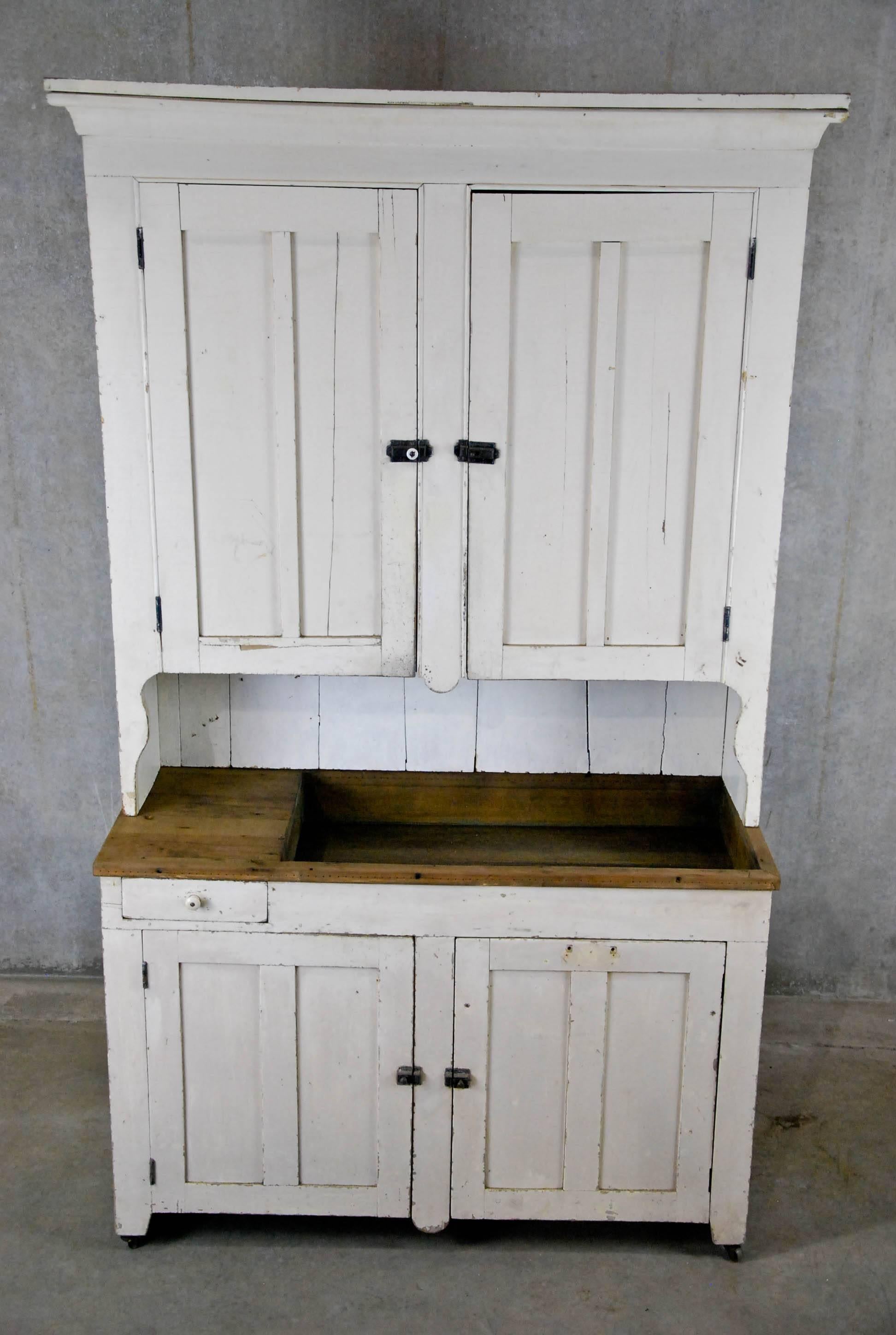 Country 19th Century Two-Piece Original Paint Dry Sink Cupboard